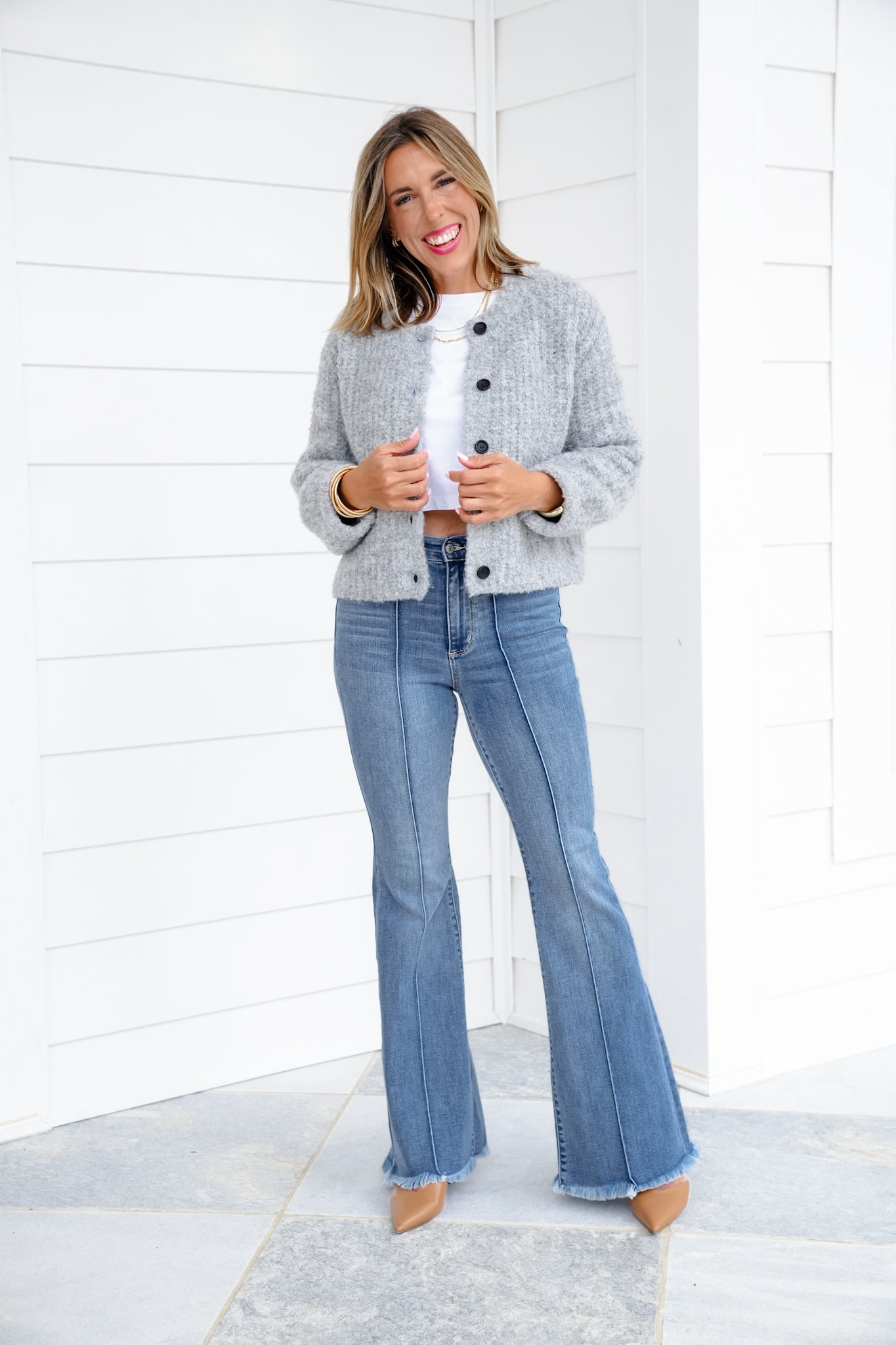 Judy Blue High Rise Medium Wash Flare Jeans with Frayed Hem and Pintuck Front Seam
