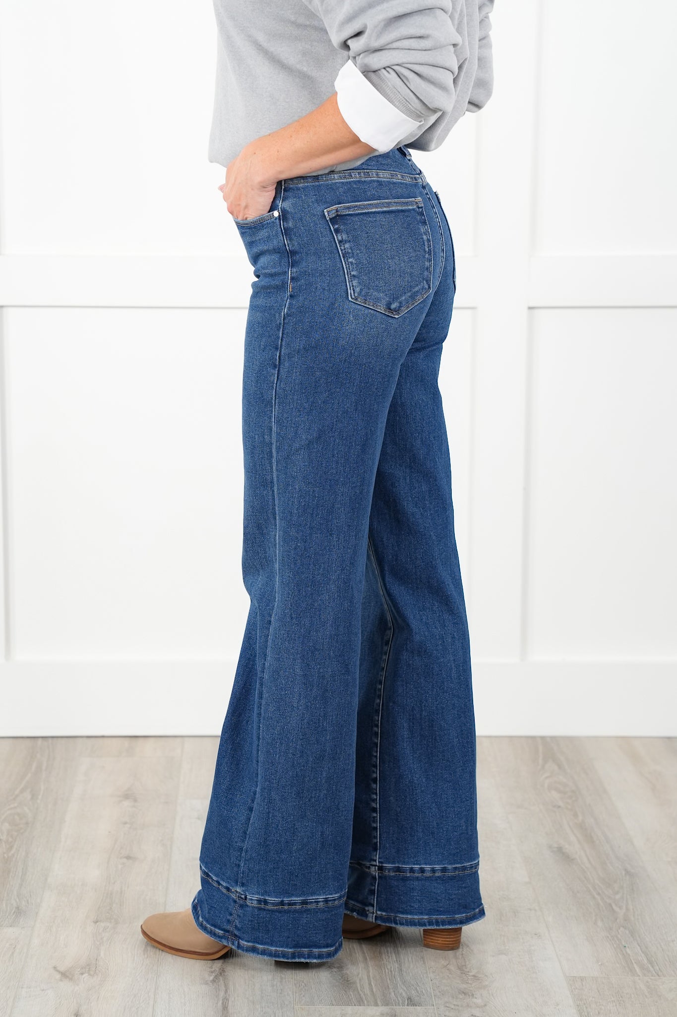 Risen High Rise Dark Wash Tummy Control Wide Leg Long Inseam Cuffed Jeans