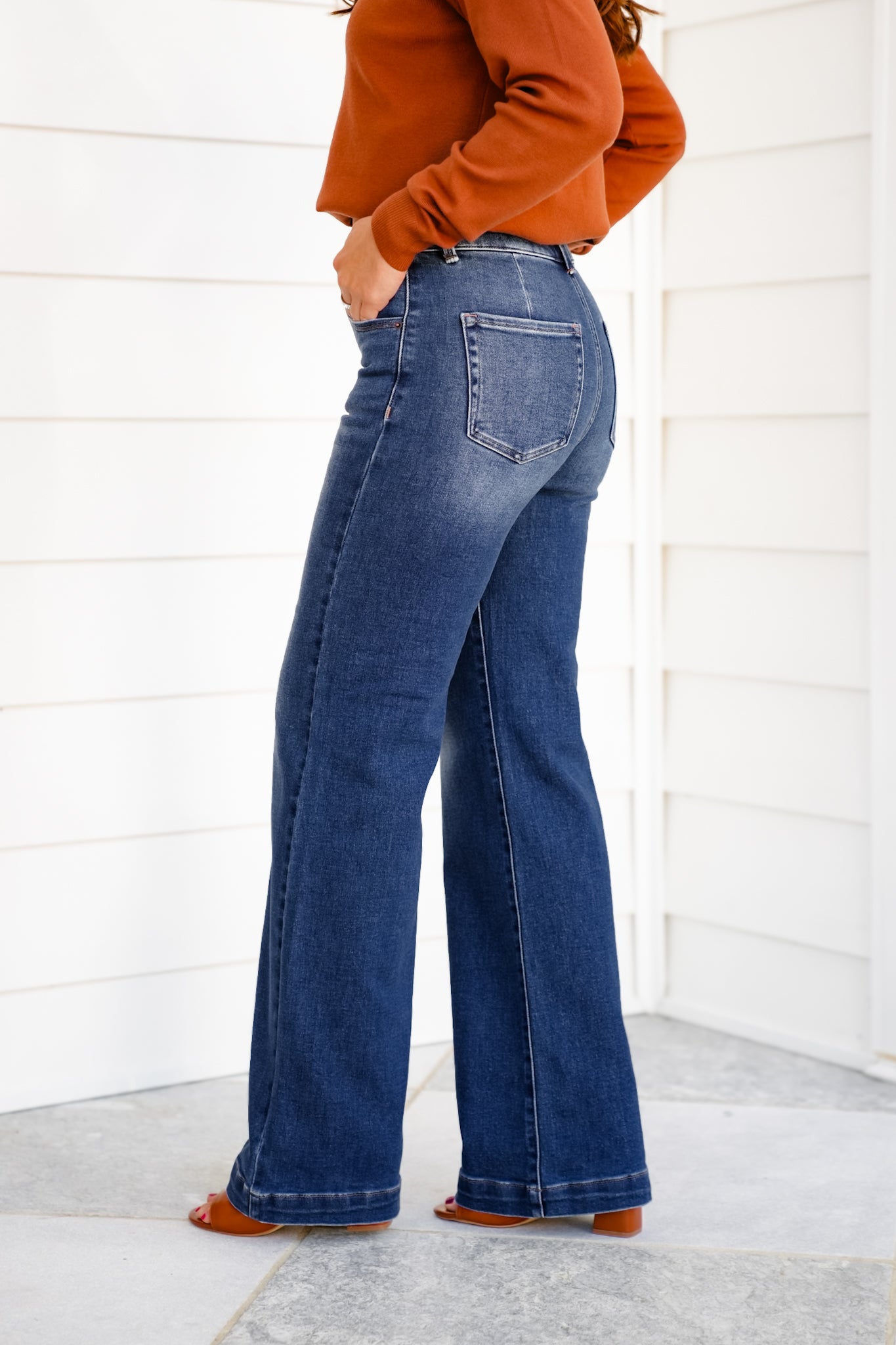 Risen High Rise Dark Wash Double Waistband Wide Leg Jeans