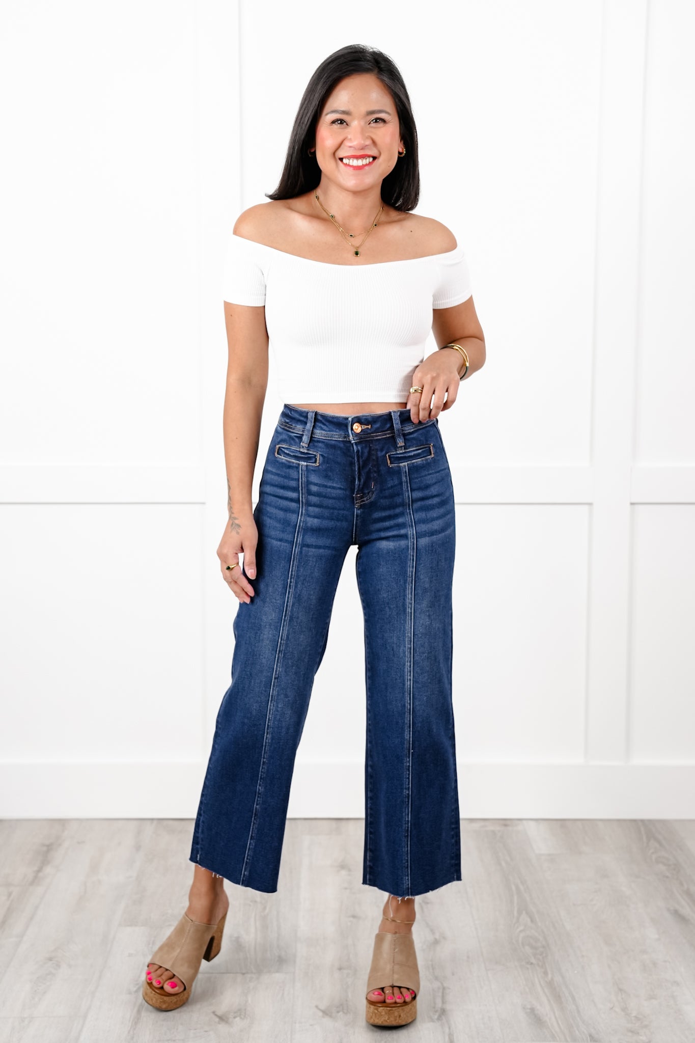 Bayeas High Rise Dark Wash Wide Leg Jeans with Raw Hem