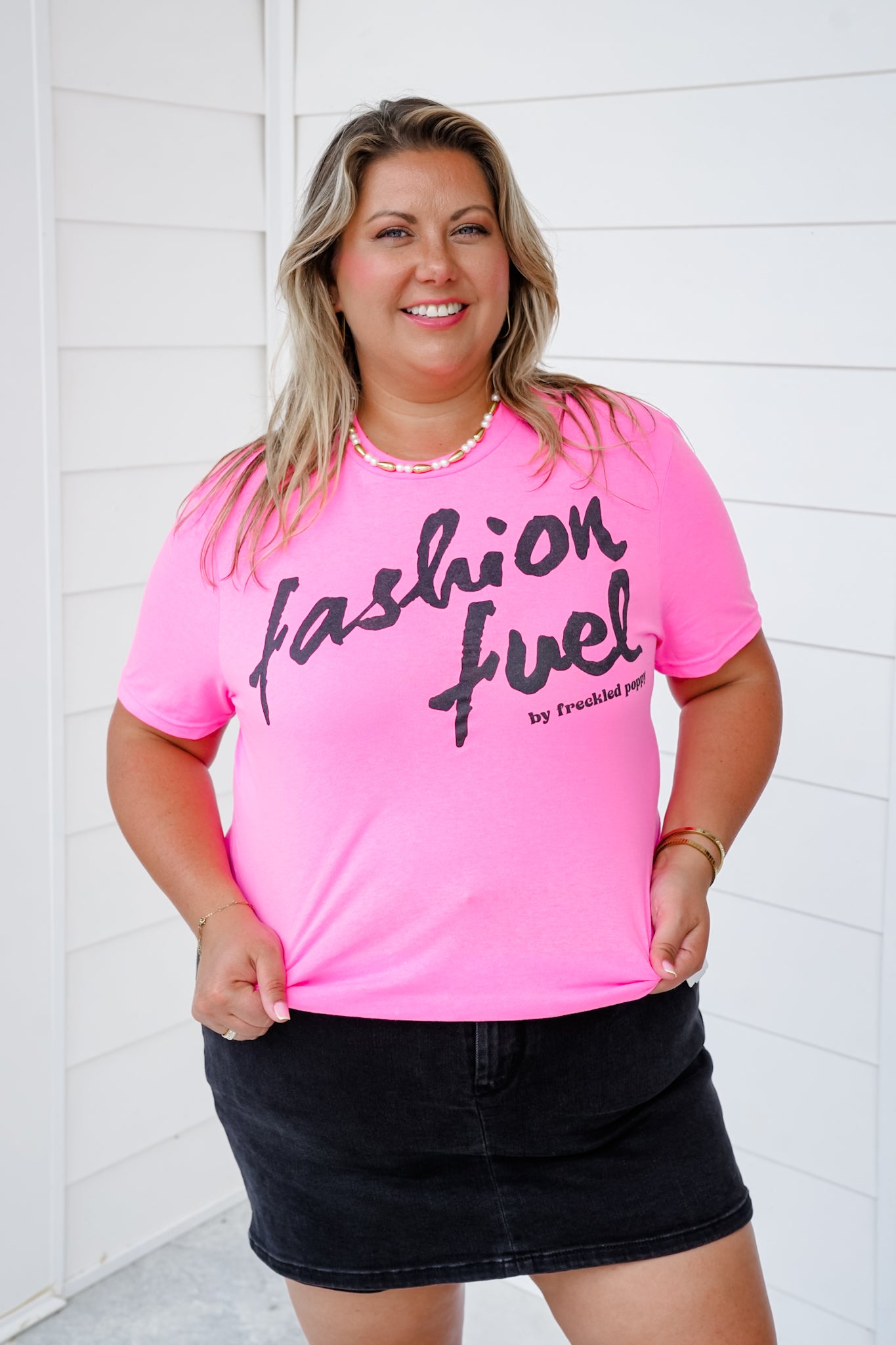 Plus/Reg Pink Short Sleeve "Fashion Fuel By Freckled Poppy" Graphic Tee