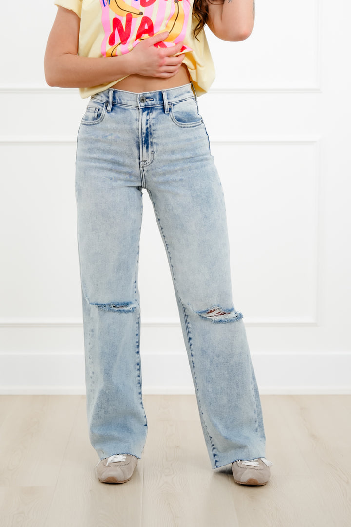 Hidden High Rise Light Wash Distressed Dad Jeans