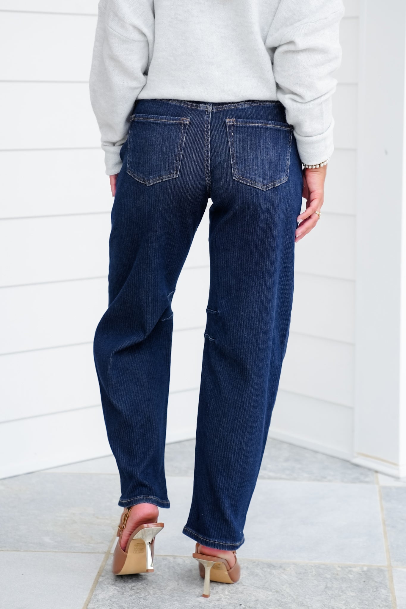 Risen High Rise Dark Wash Textured Barrel Jeans