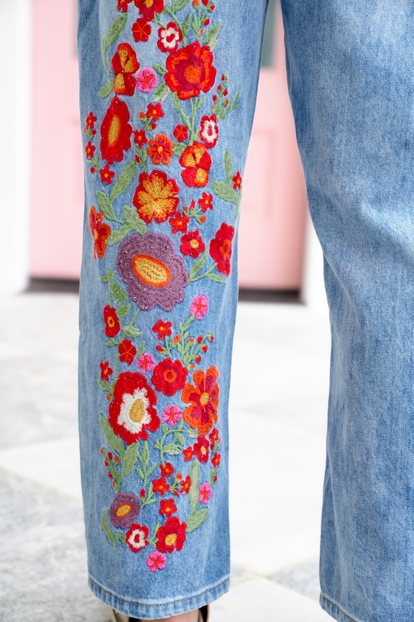 Restock! Wildflower Drive Mineral Wash Relaxed Fit Denim Jeans with Floral Embroidery Detail