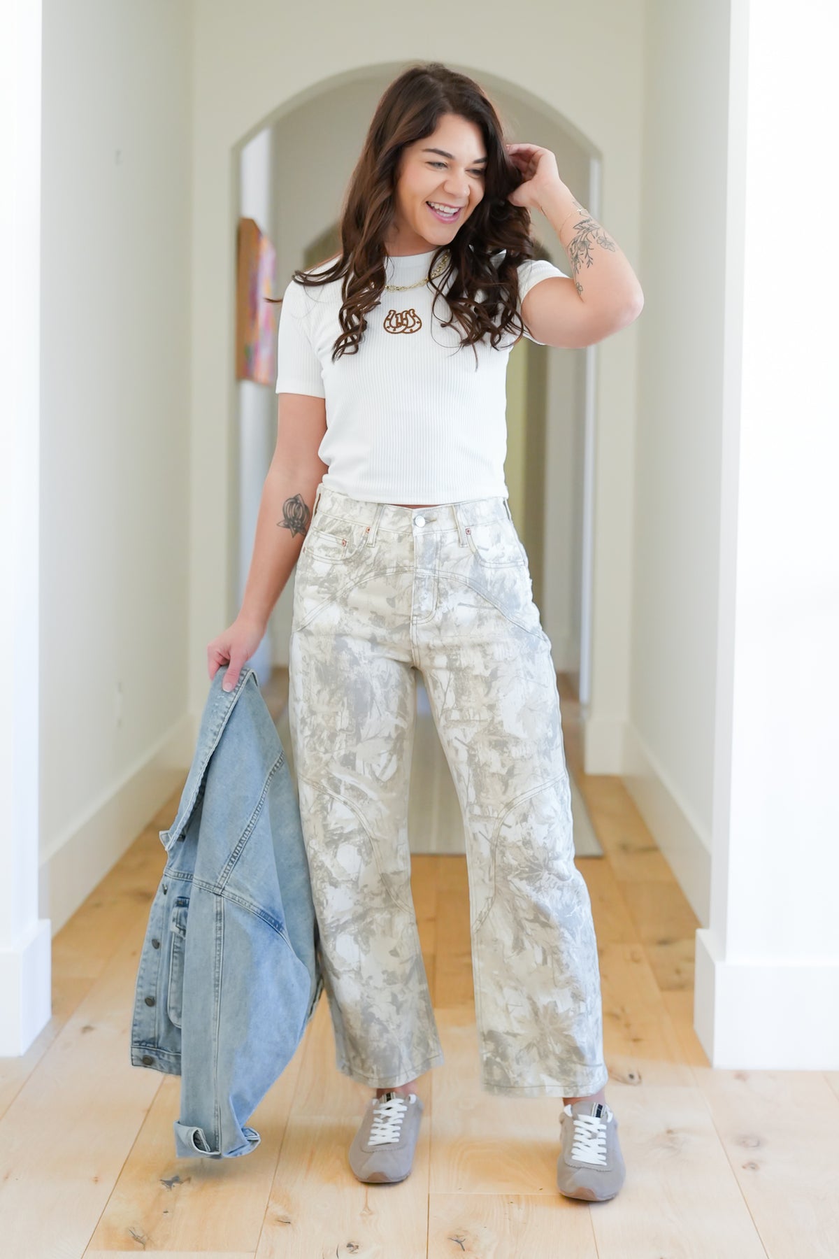 Restock! Saige High Rise Sand Tummy Control Barrel Camo Jeans - Freckled Poppy