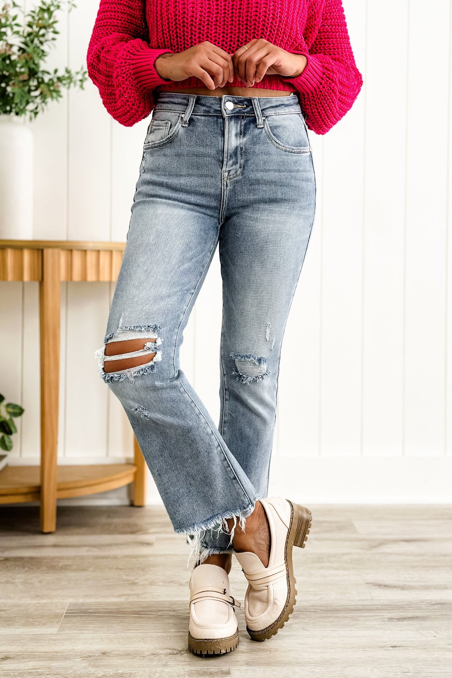 Risen Stella Babe High Rise Light Wash Cropped Distressed Flare Jeans