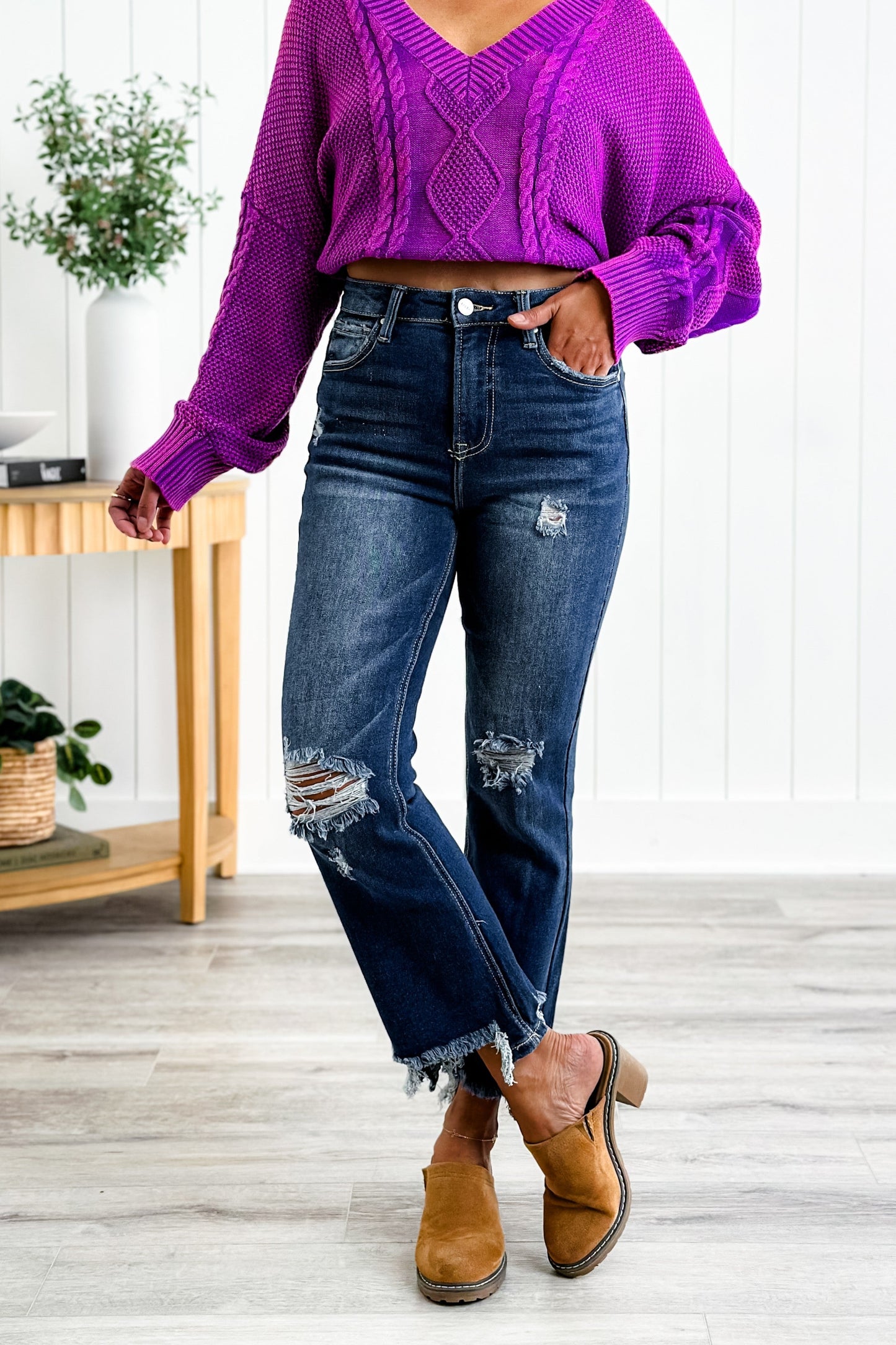Risen High Rise Dark Wash Crop Step Chew Jeans