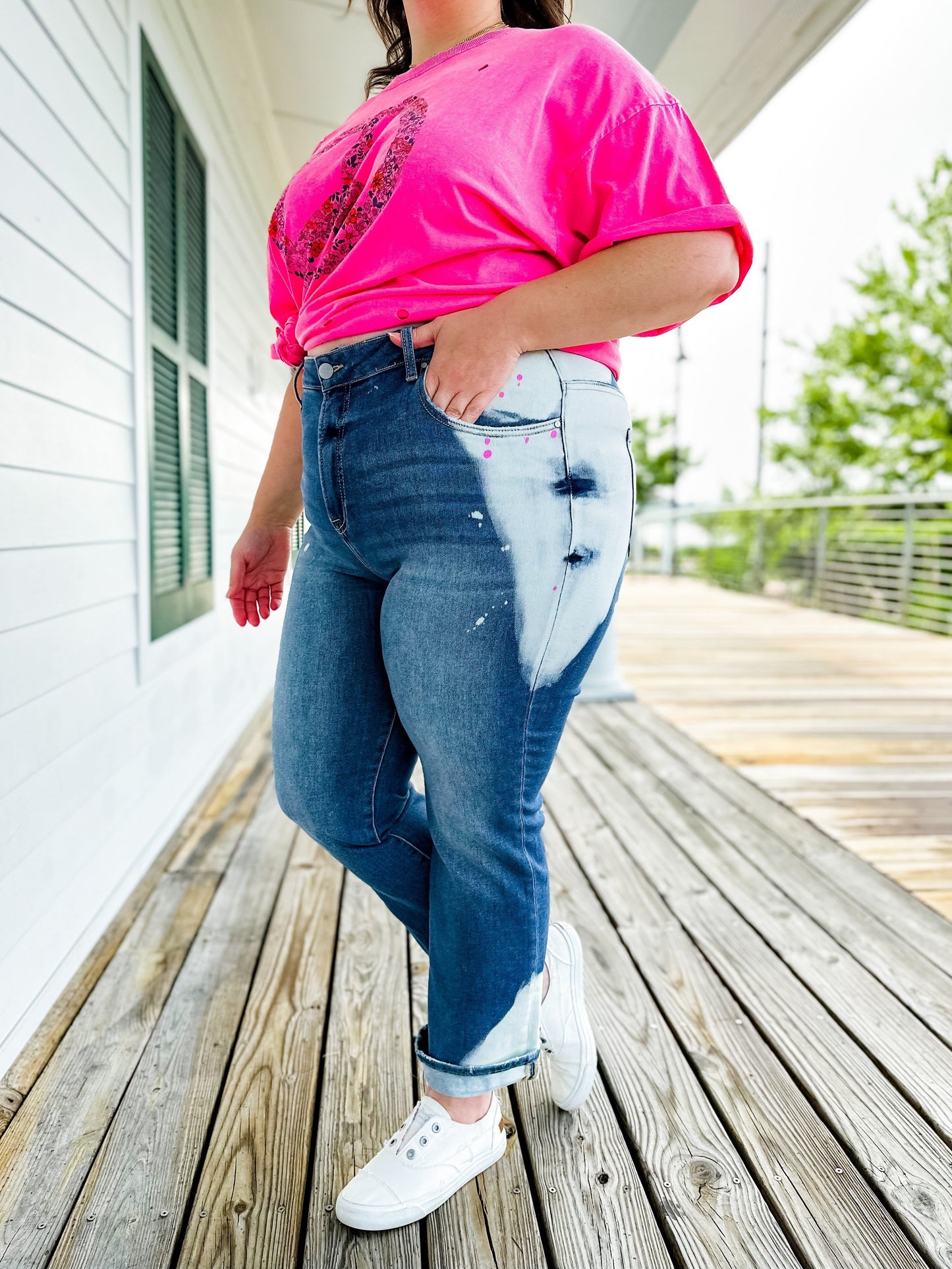 Risen Bleach Please High Rise Slim Straight Leg Jeans With Pink Paint Splatter