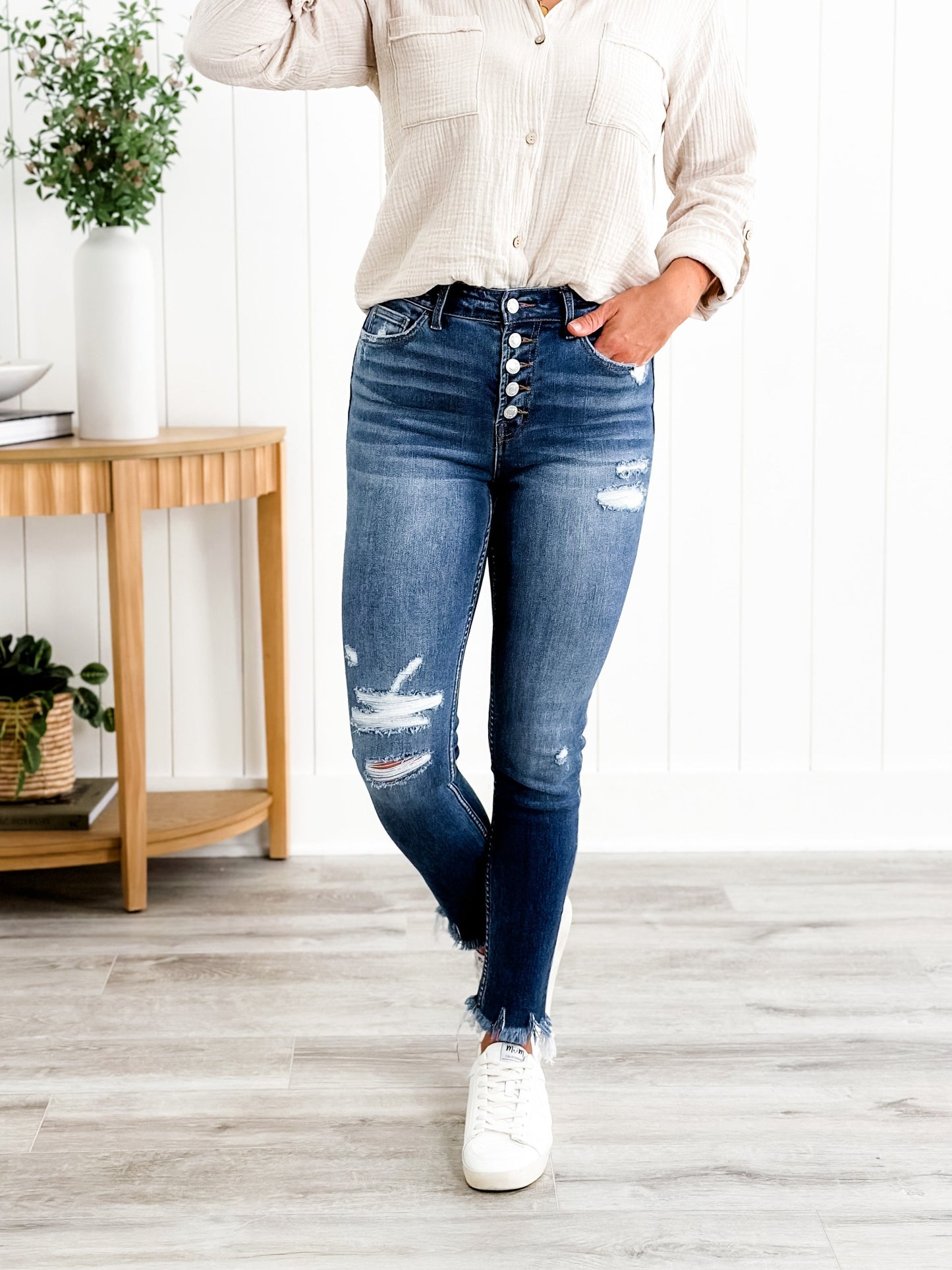 Vervet Parkside Medium Wash Distressed Button Down Skinny Jeans with Raw Ankle Hem