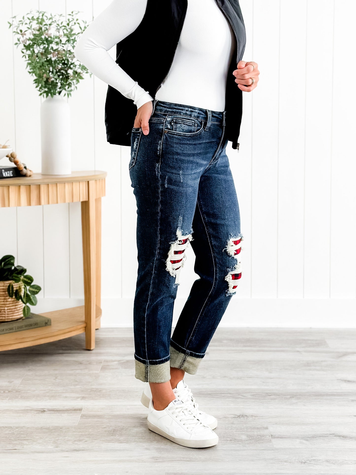 Judy Blue Warm and Cozy Mid Rise Dark Wash Boyfriend Buffalo Plaid Knee Destroy Patches With Cuff Jeans