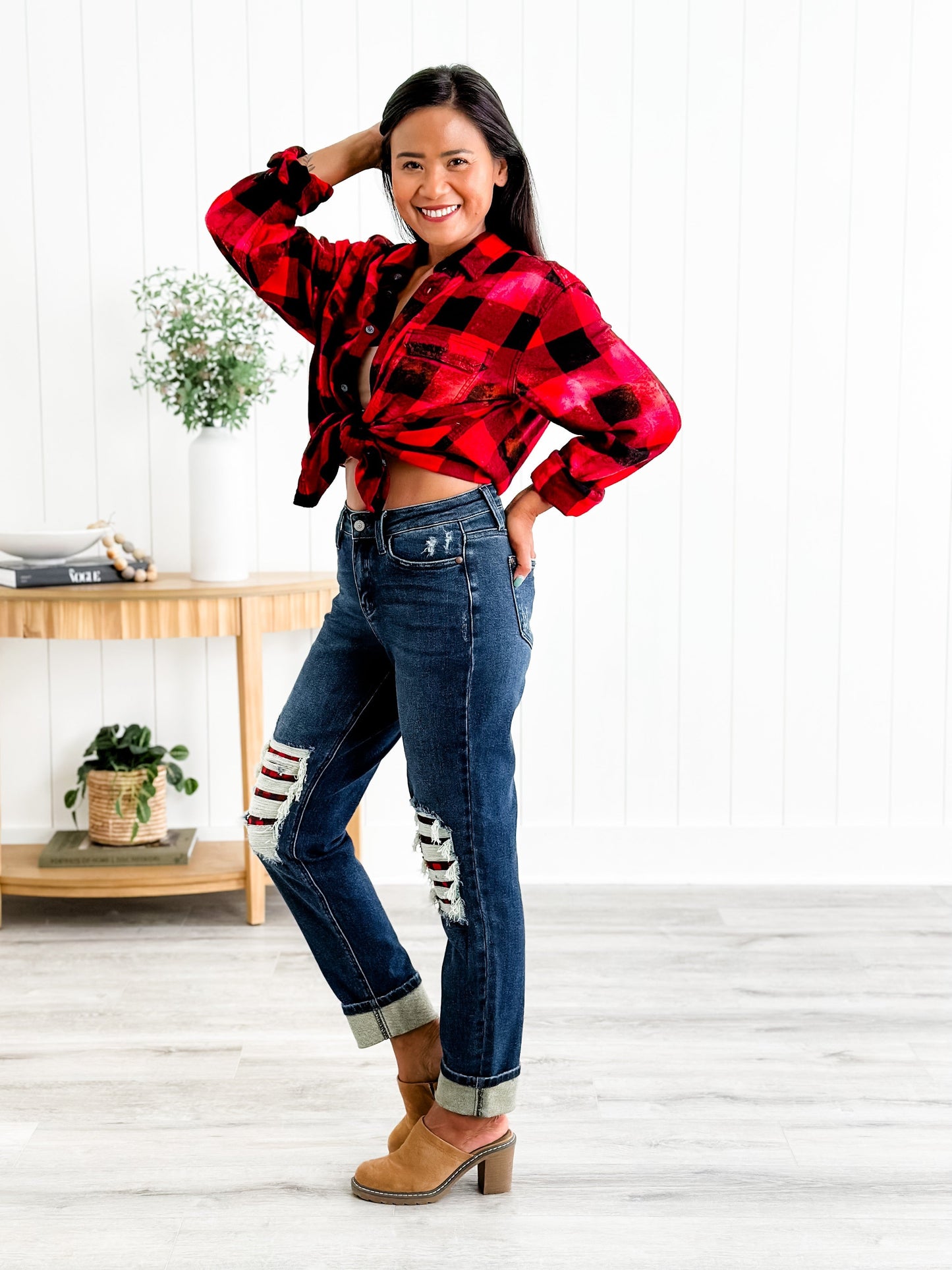 Judy Blue Warm and Cozy Mid Rise Dark Wash Boyfriend Buffalo Plaid Knee Destroy Patches With Cuff Jeans