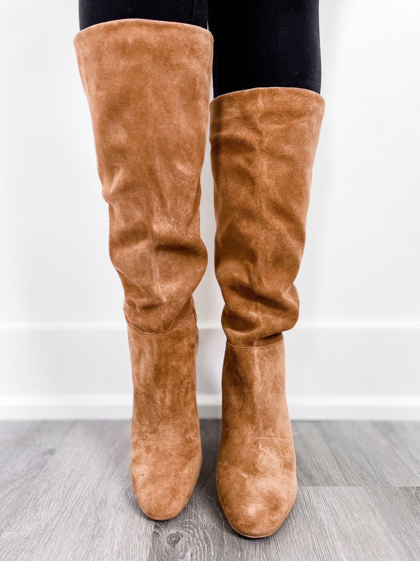 Honey Brown Vegan Suede High Heeled Pull On Boots