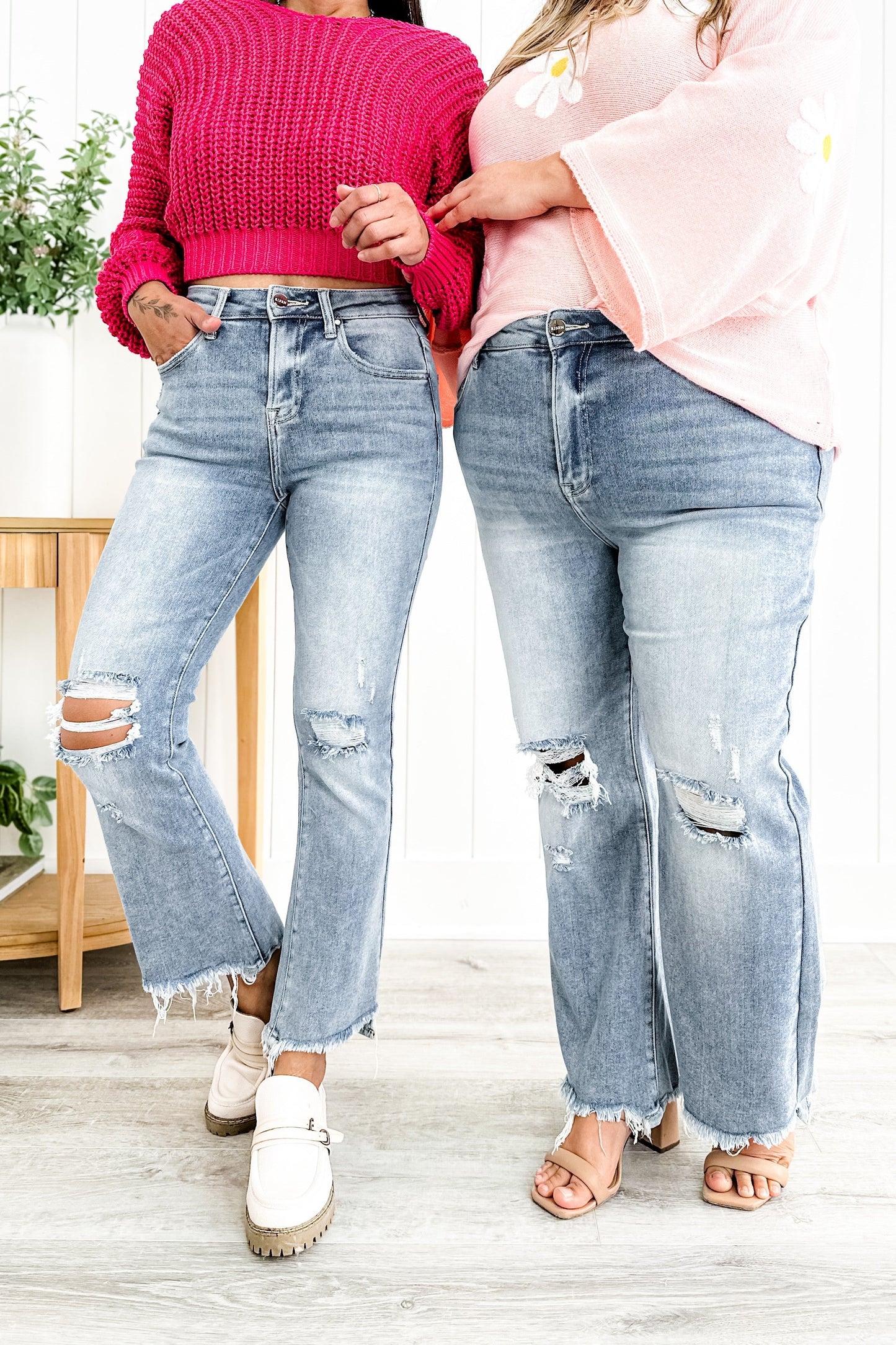Risen Stella Babe High Rise Light Wash Cropped Distressed Flare Jeans