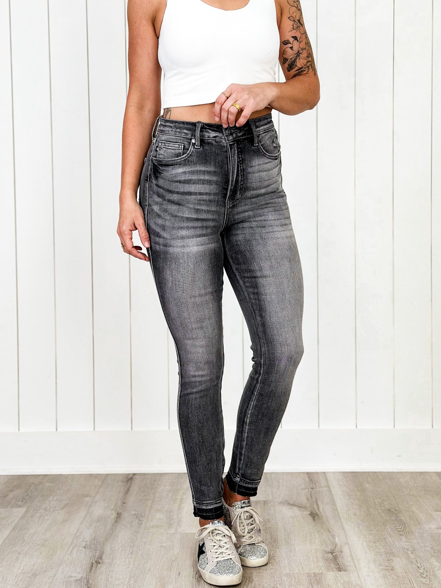 Judy Blue 50 Shades of Grey High Rise Grey Wash Tummy Control Skinny Jeans With Release Hem