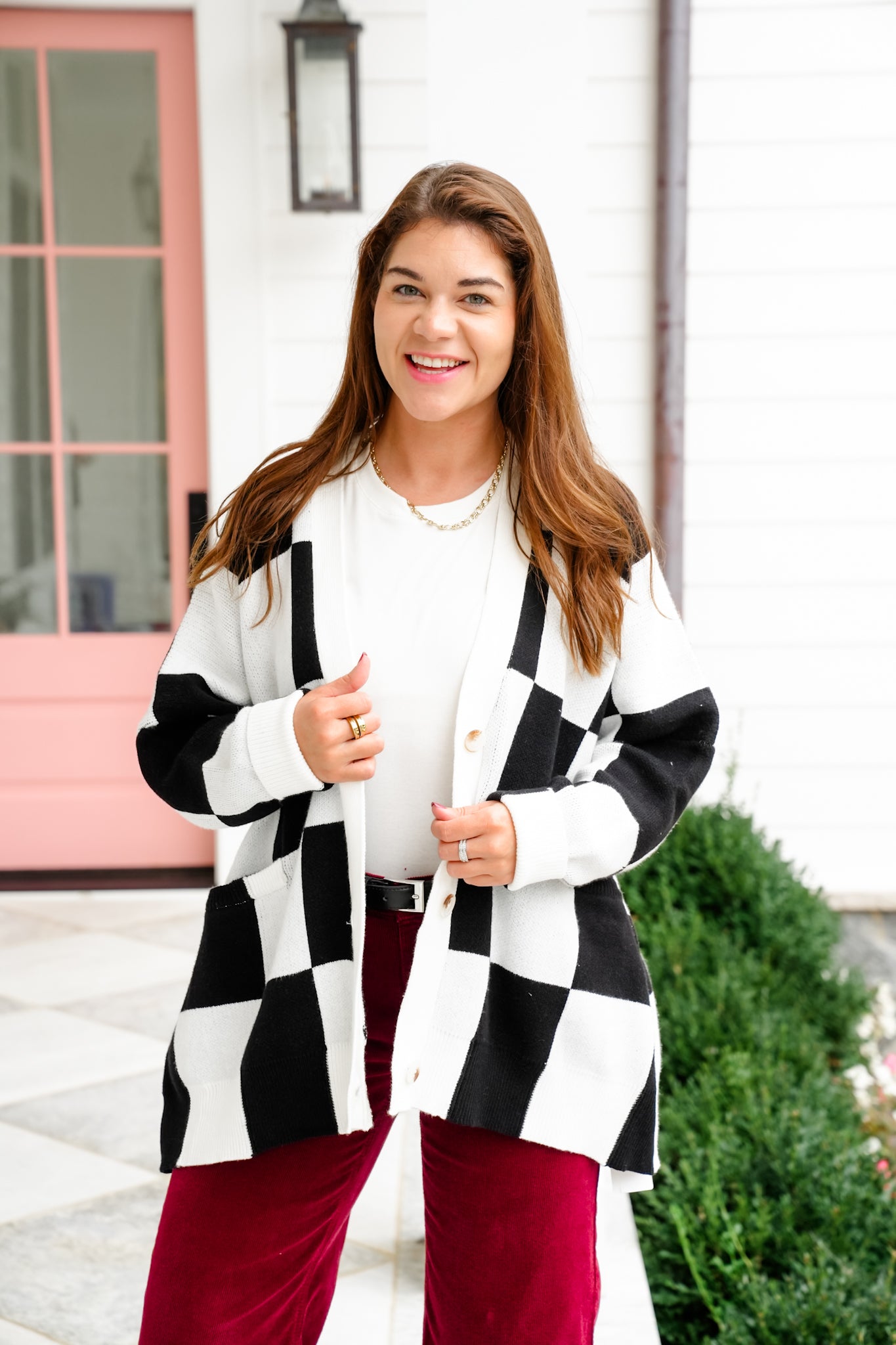 Long Sleeve Button Down Cardigan with Checker Print