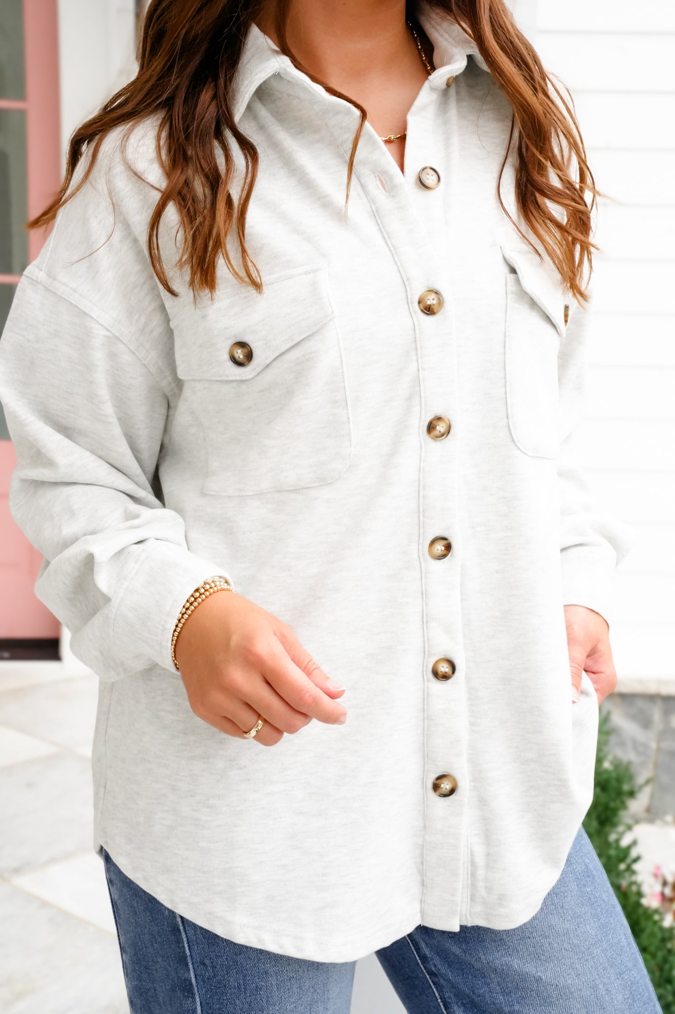 Plus/Reg Long Sleeve Button Down Knit Shacket