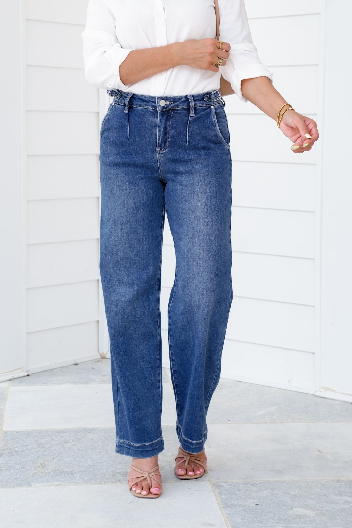 Risen High Rise Medium Wash Adjustable Waistband Wide Leg Pleated Jeans
