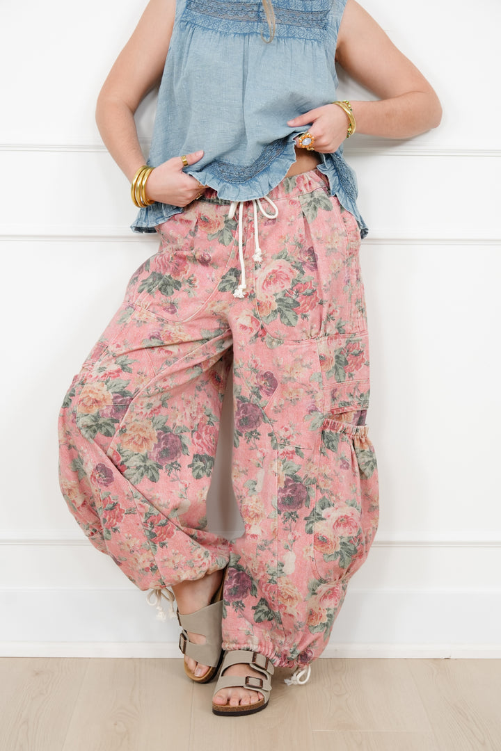 Plus/Reg Flower Print Elastic Waist Wide leg Pants