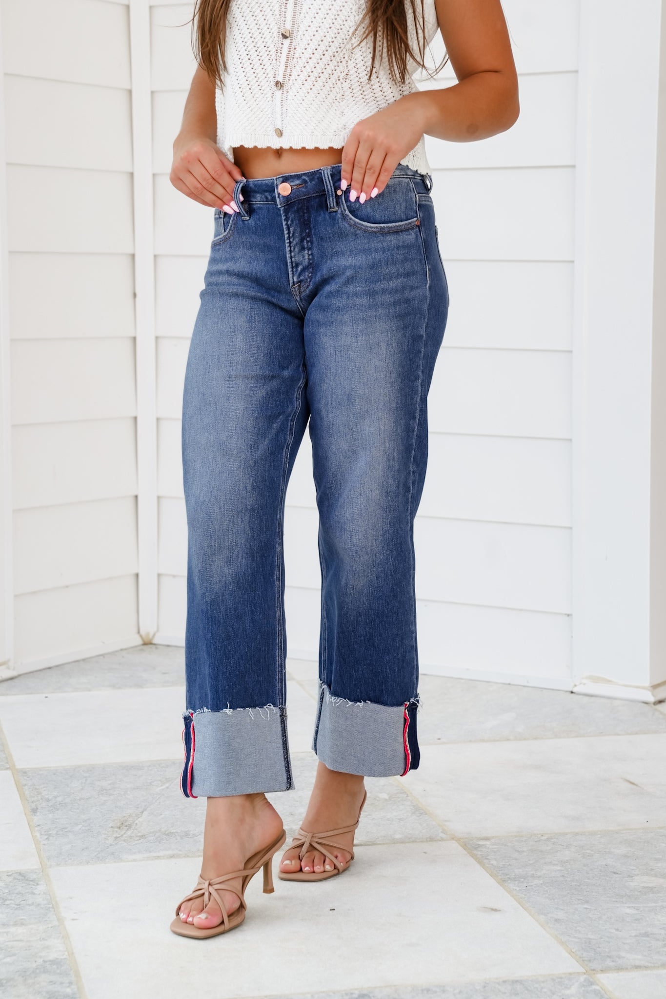 Risen Mid Rise Dark Wash Tummy Control Cropped Wide Leg Cuffed Jeans