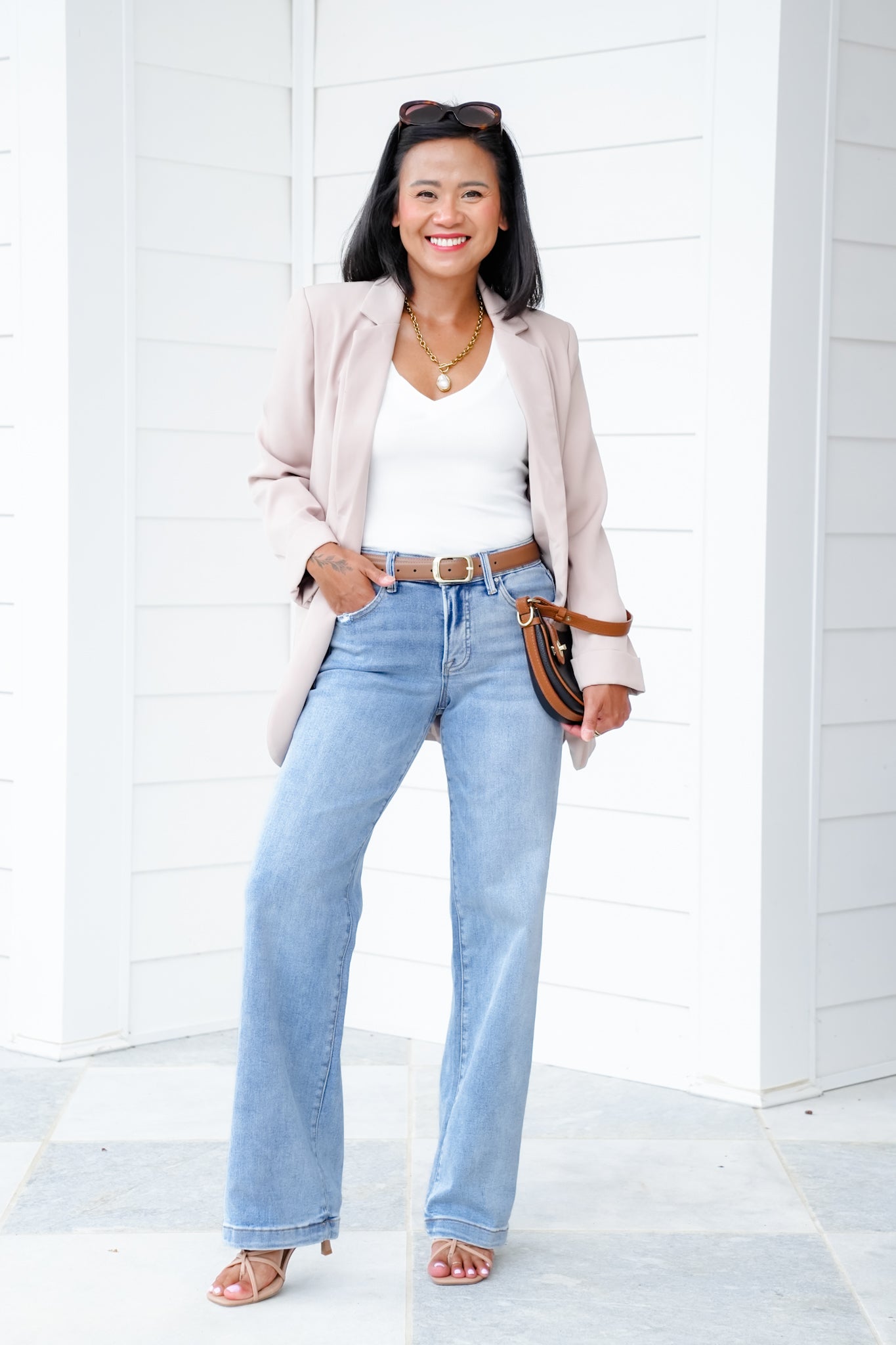 Risen Mid Rise Light Wash Tummy Control Elastic Waistband Wide Leg Jeans