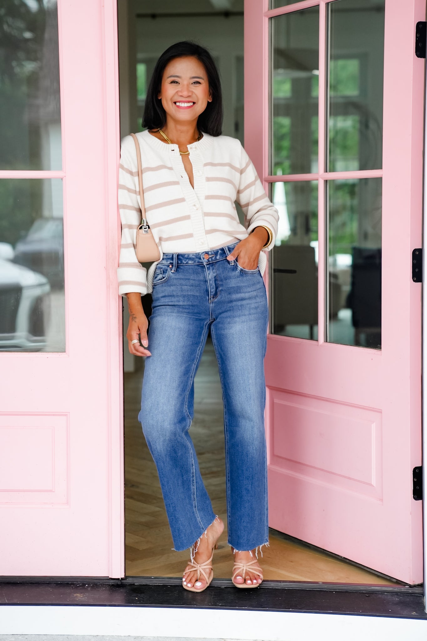 Risen Mid Rise Medium Wash Crop Straight Leg Jeans with Raw Hem