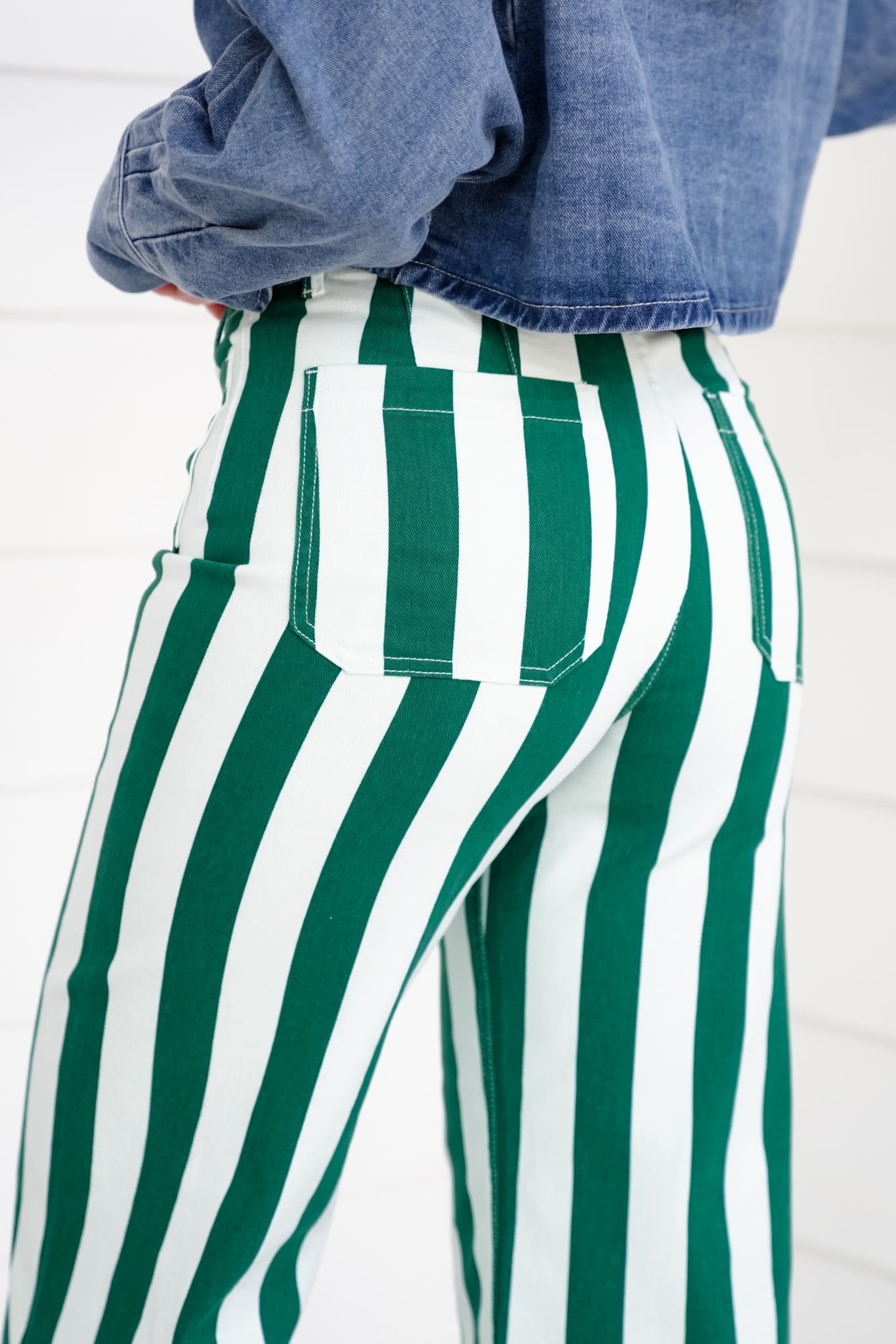 Mica High Rise Green and White Striped Cropped Wide Leg Jeans