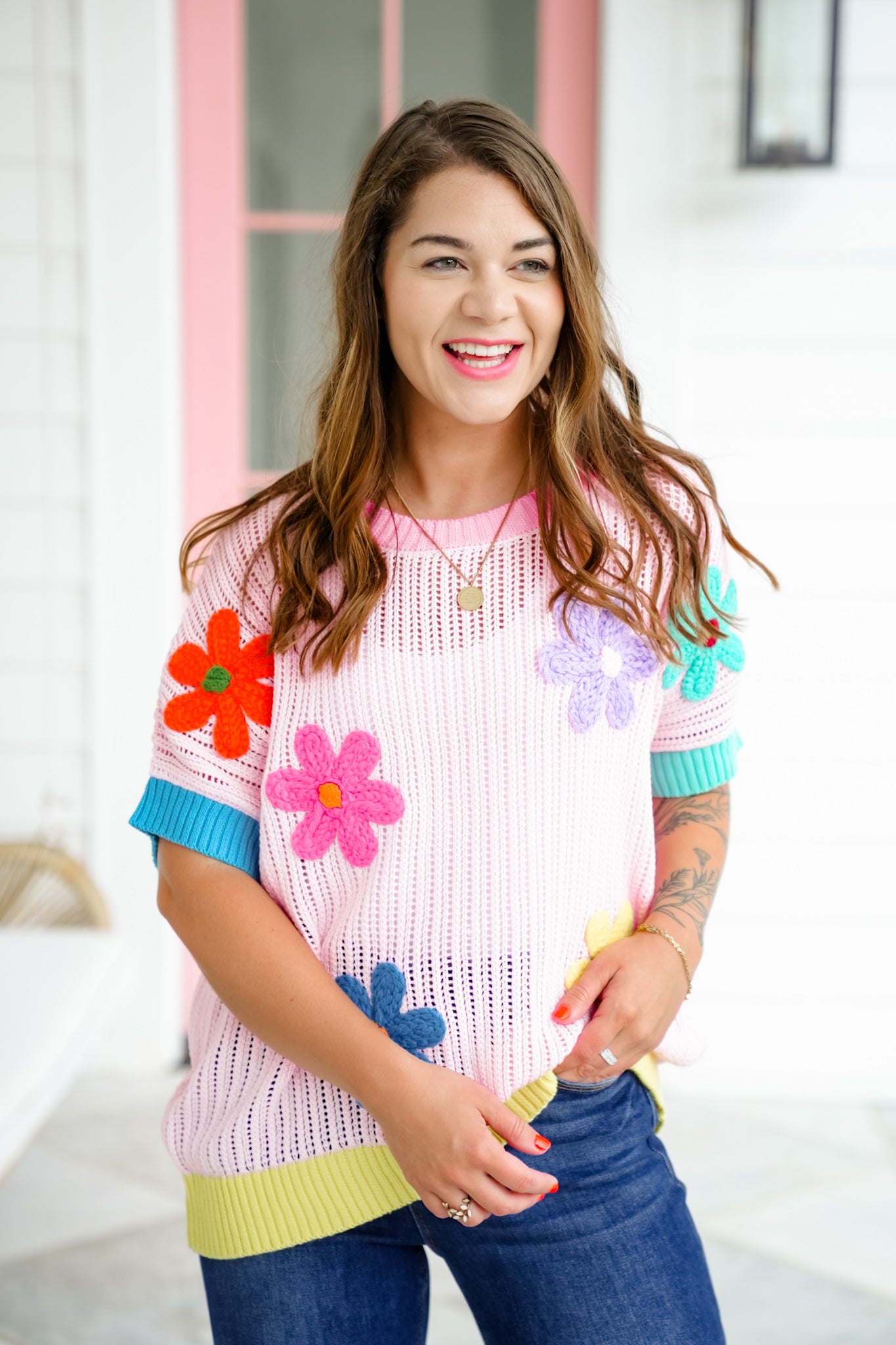 Loose Knit Short Sleeve Sweater with Crocheted Flower Detail