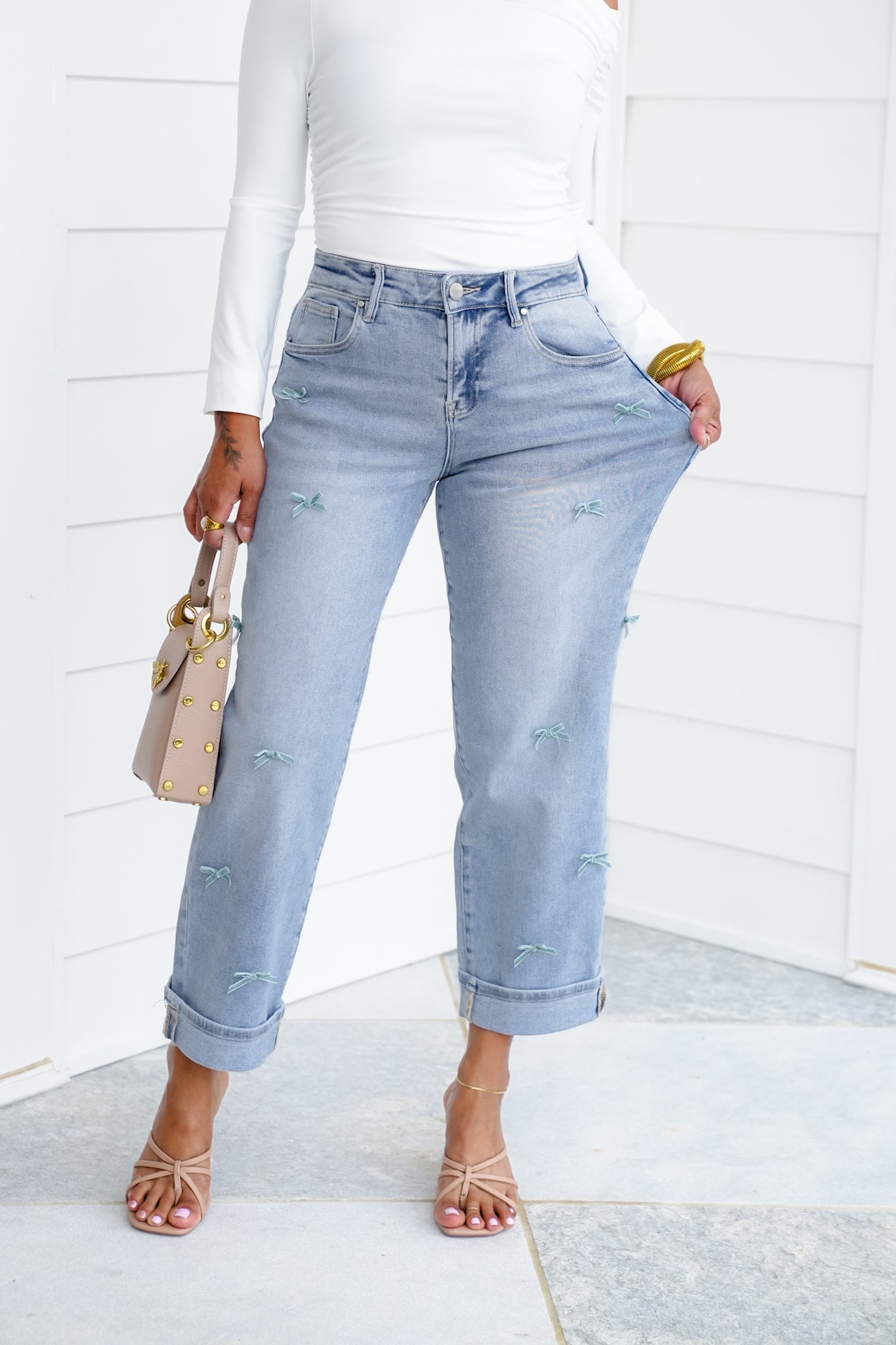 Risen High Rise Light Wash Crop Barrel Jeans with Bow Detail