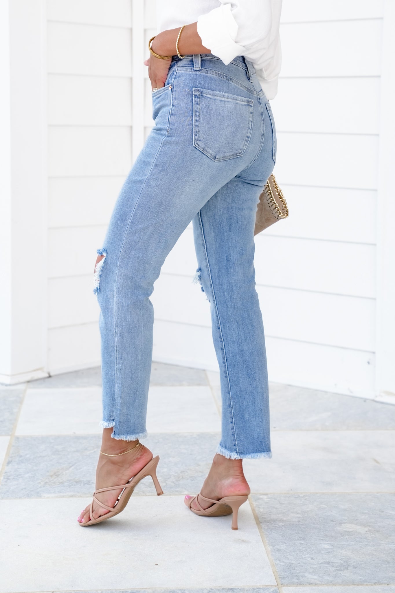 RFM High Rise Light Wash Step Fray Hem Slim Straight Leg Jeans