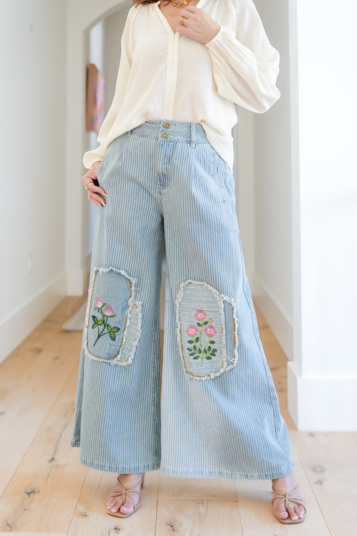 POL Stripe Wide Leg Pants with Floral Embroidery Patches