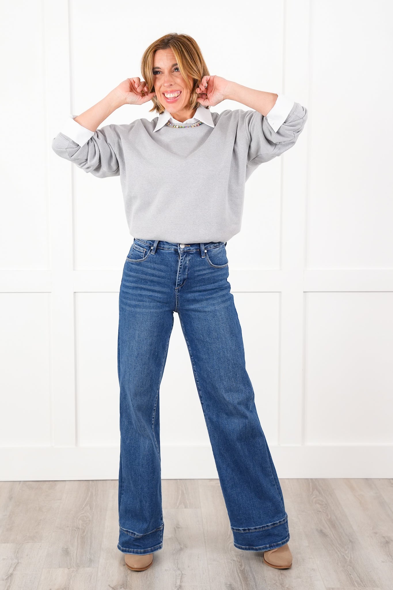 Risen High Rise Dark Wash Tummy Control Wide Leg Long Inseam Cuffed Jeans