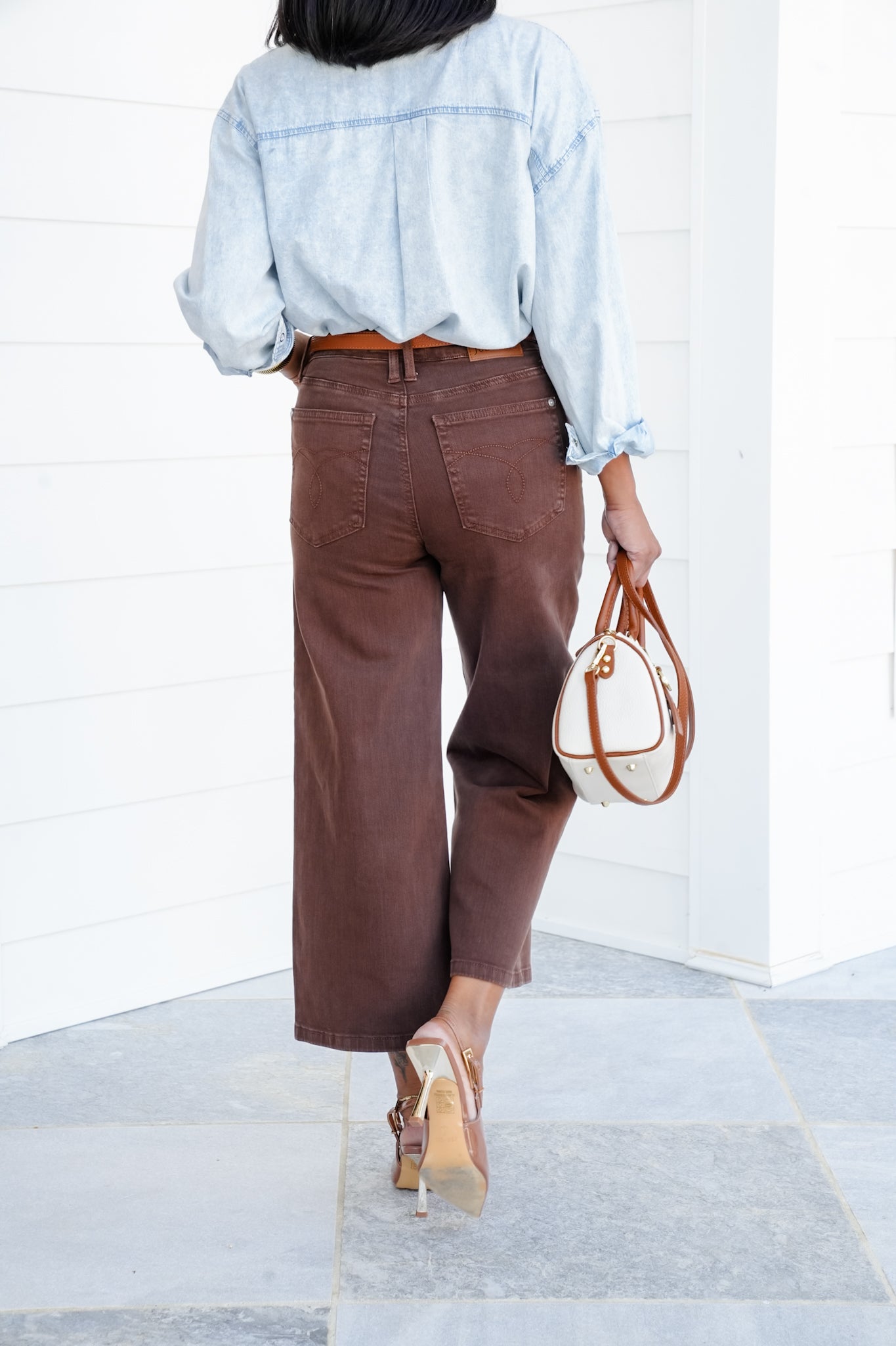 Judy Blue Mid Rise Brown Wide Leg Cropped Jeans with Utility Pockets