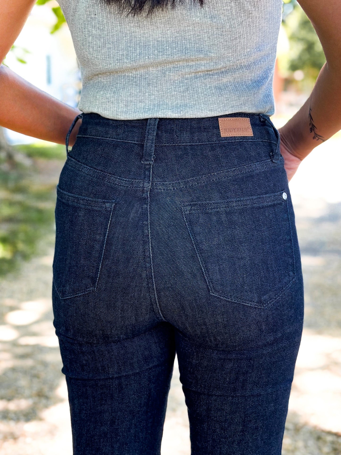 Judy Blue Starry Night High Rise Dark Wash Tummy Control Top Raw Hem Jeans