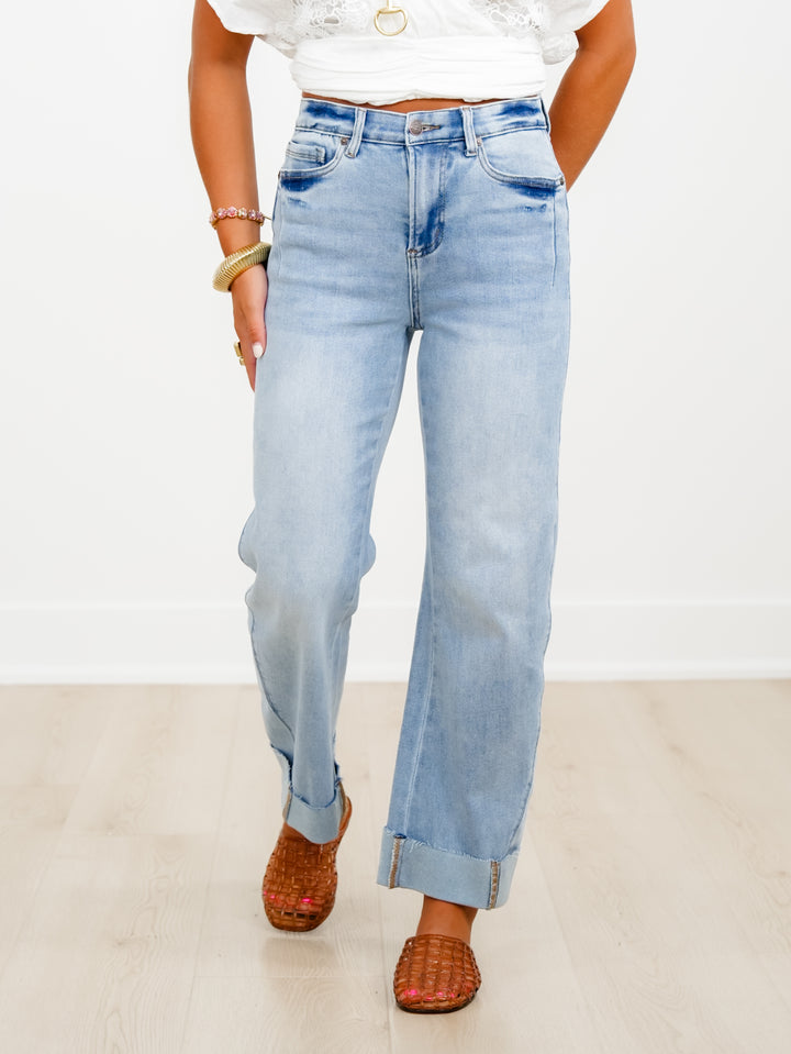 Saige High Rise Medium Wash Tummy Control Straight Leg Cuffed Jeans