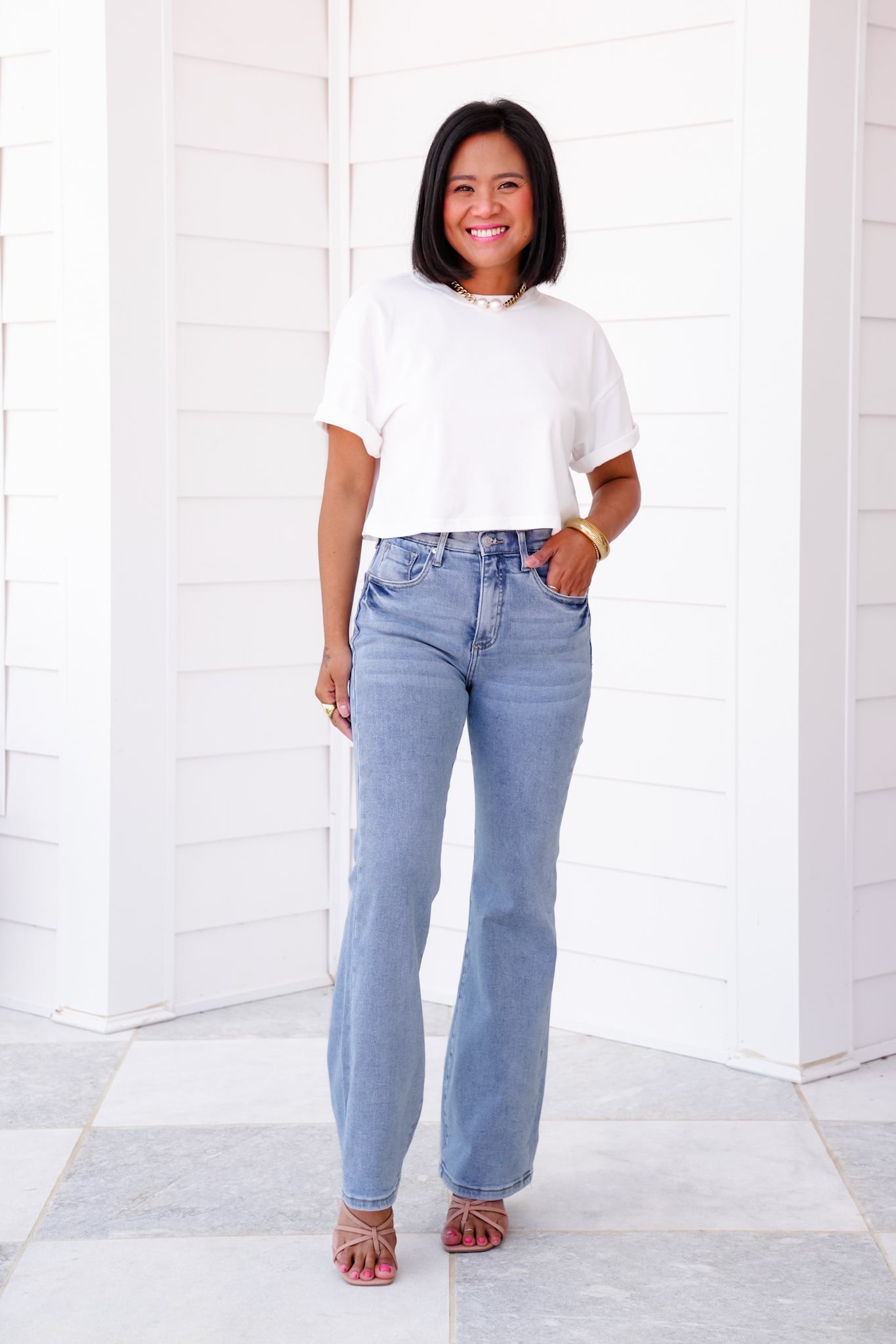 Saige High Rise Light Wash Cuffed Kick Flare Jeans