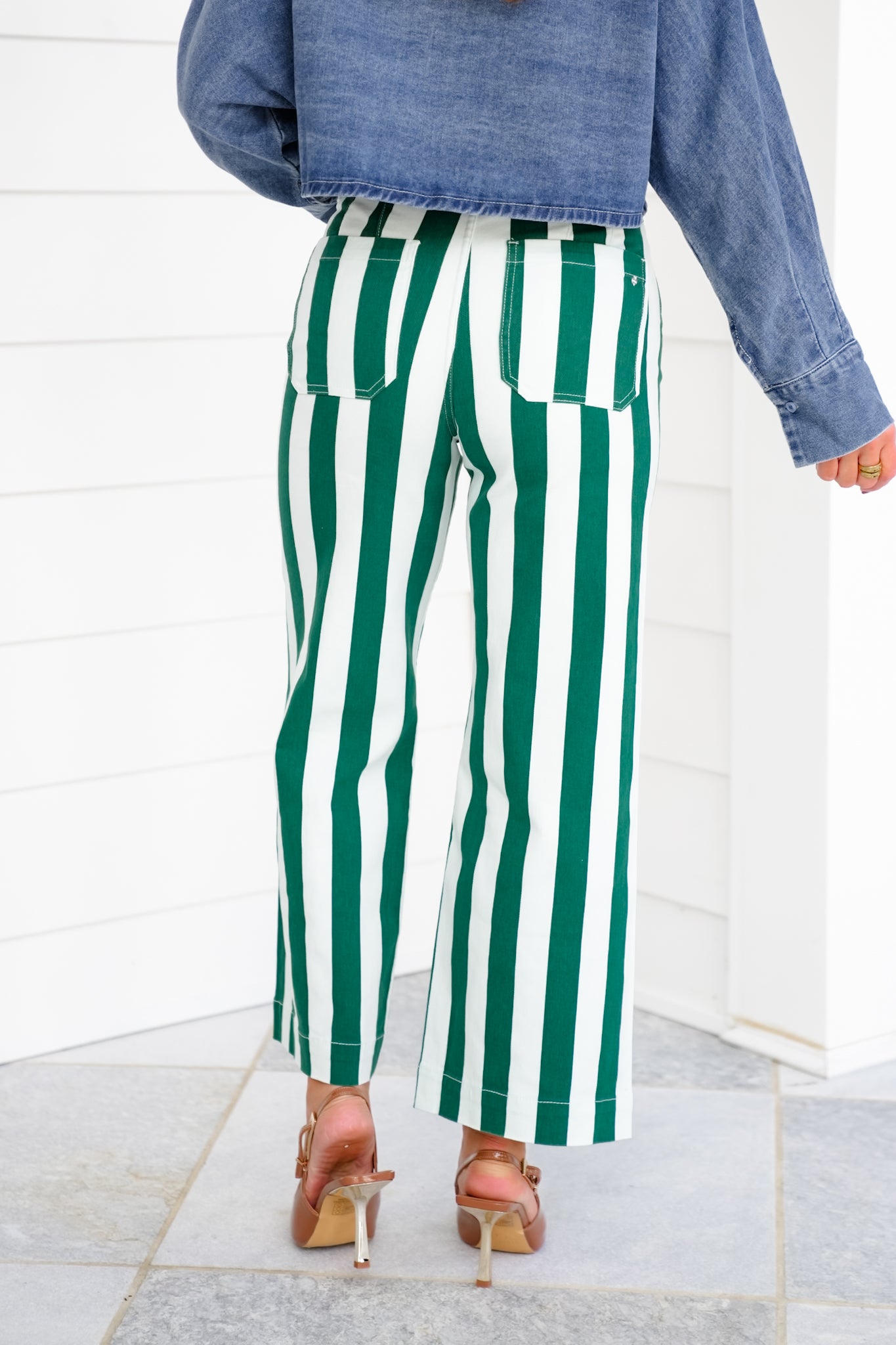 Mica High Rise Green and White Striped Cropped Wide Leg Jeans