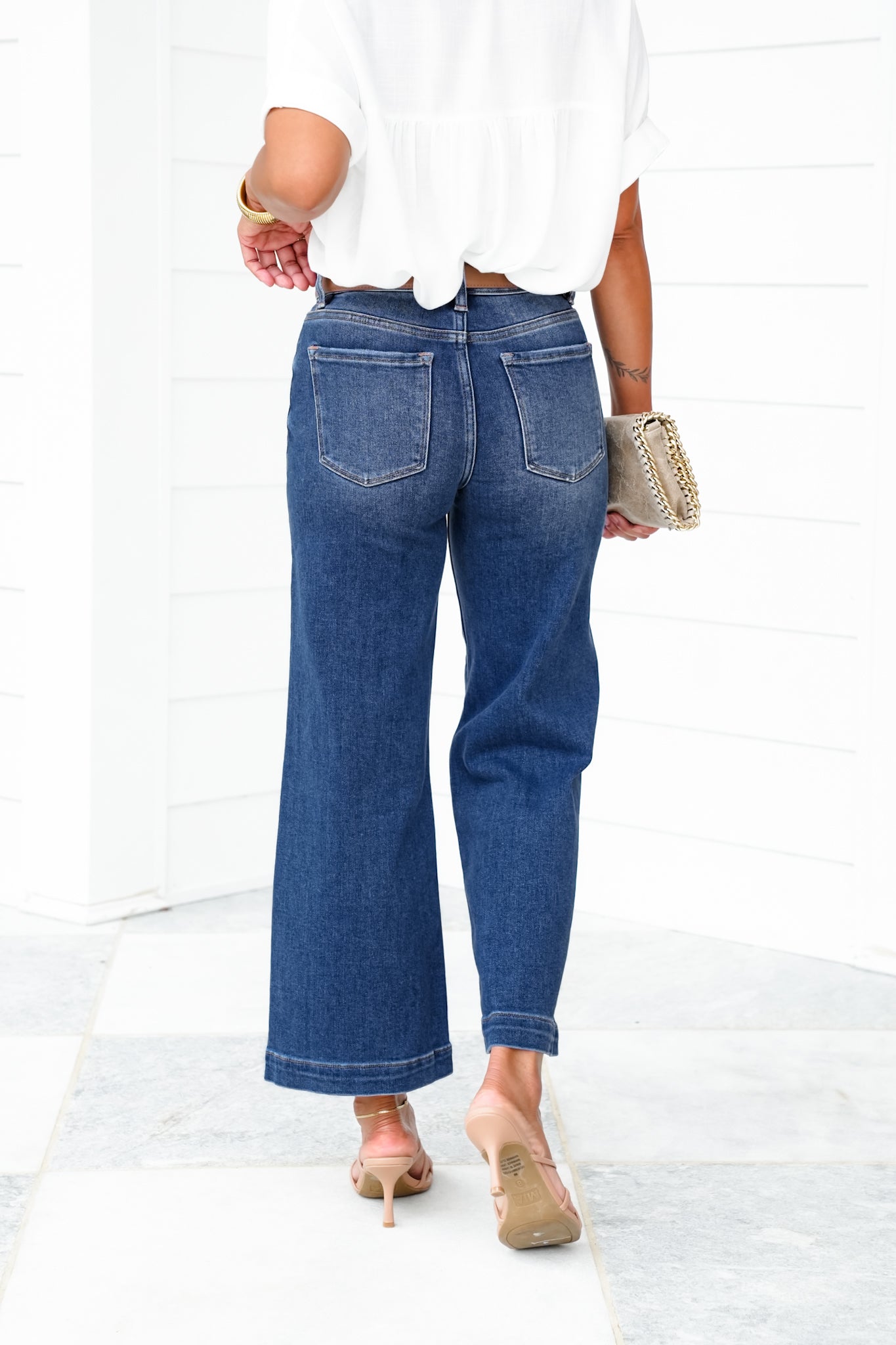 Risen Mid Rise Dark Wash Cropped Wide Leg Jeans with Front Patch Pockets