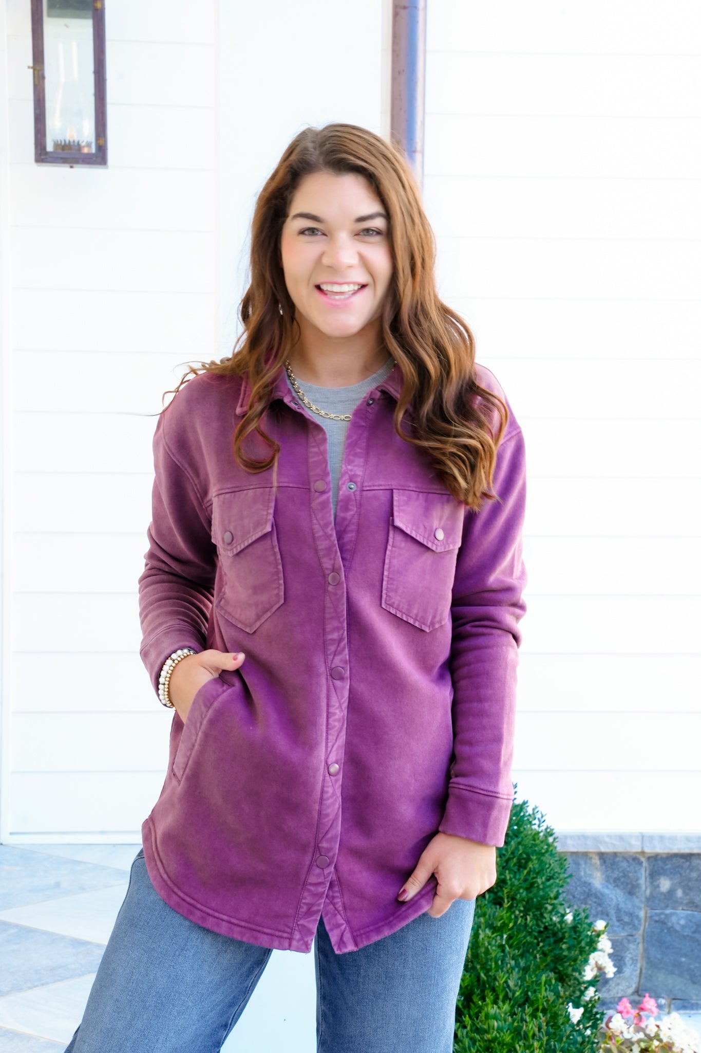 Long Sleeve Snap Button Shacket with Pockets
