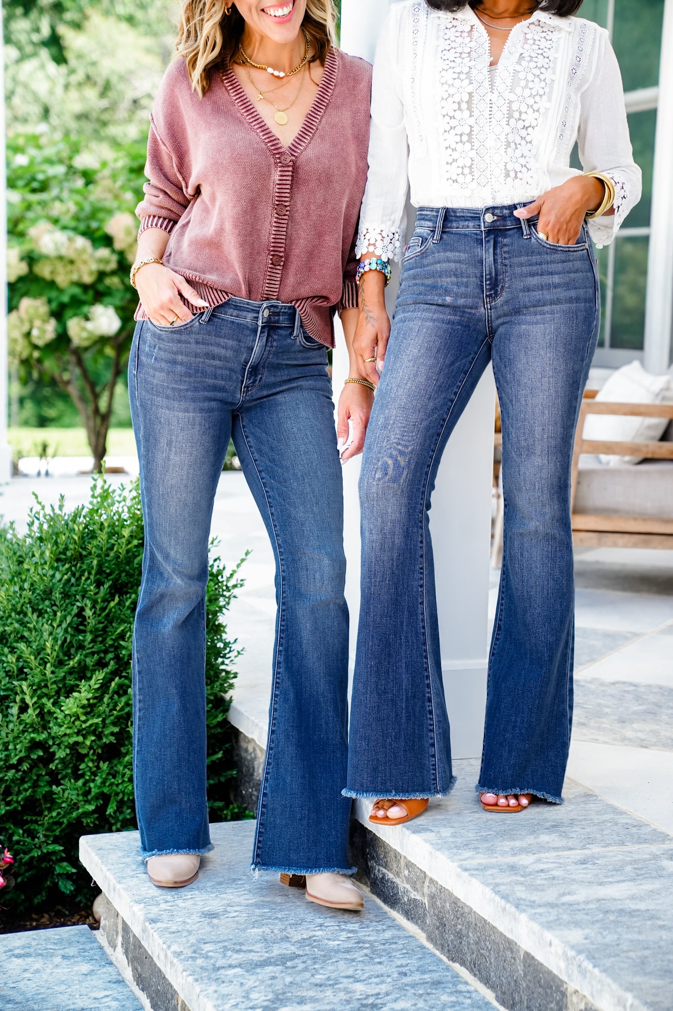 Judy Blue Mid Rise Medium Vintage Wash Flare Jeans with Distressed and Frayed Hem