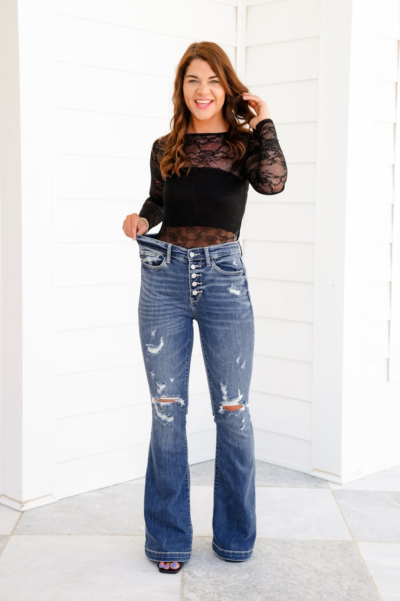 Restock! Judy Blue Date Night Dark Wash Button Fly Distressed Trouser Flare Jeans