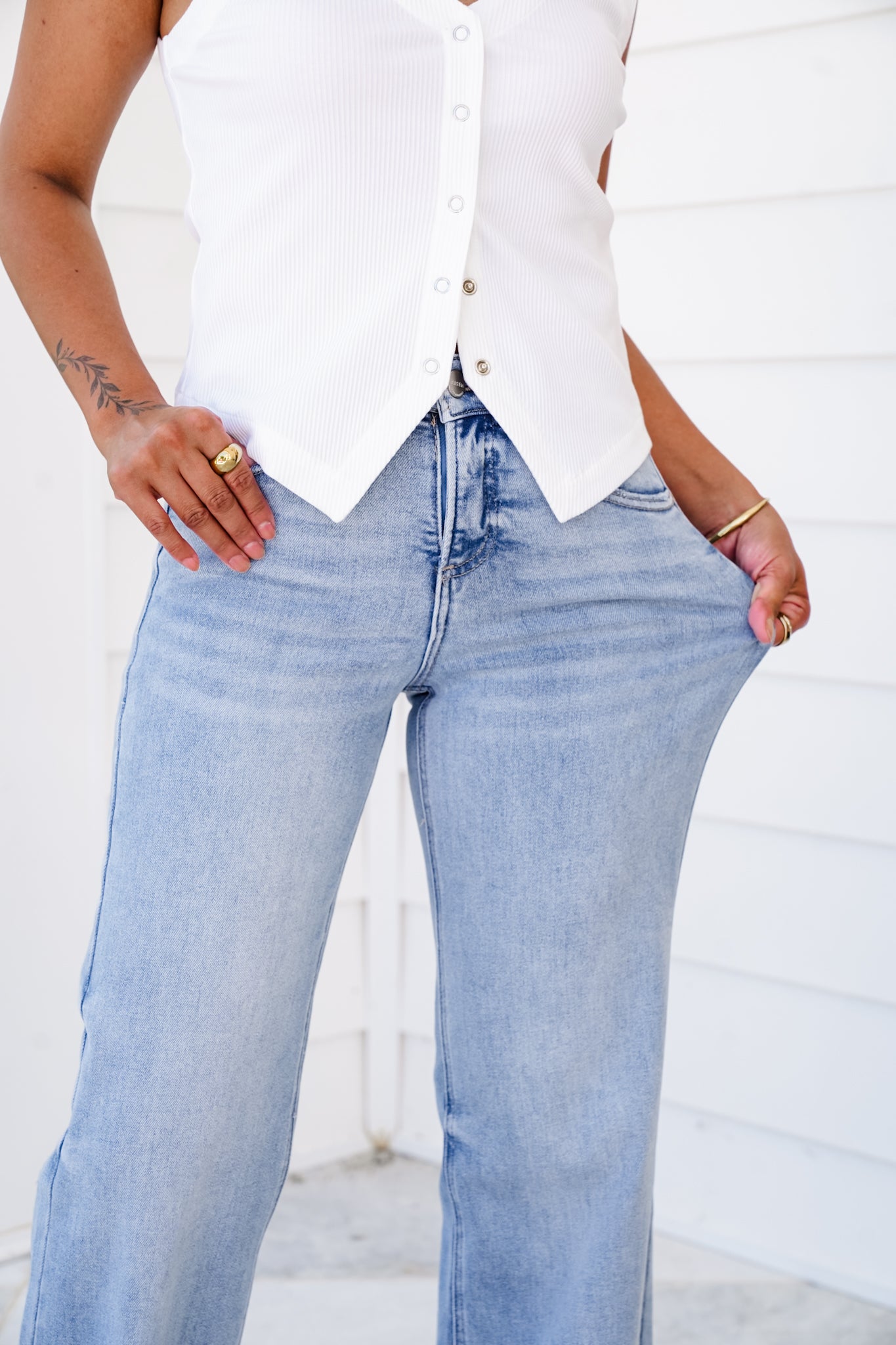 Risen High Rise Light Wash Tummy Control Cuffed Wide Leg Jeans