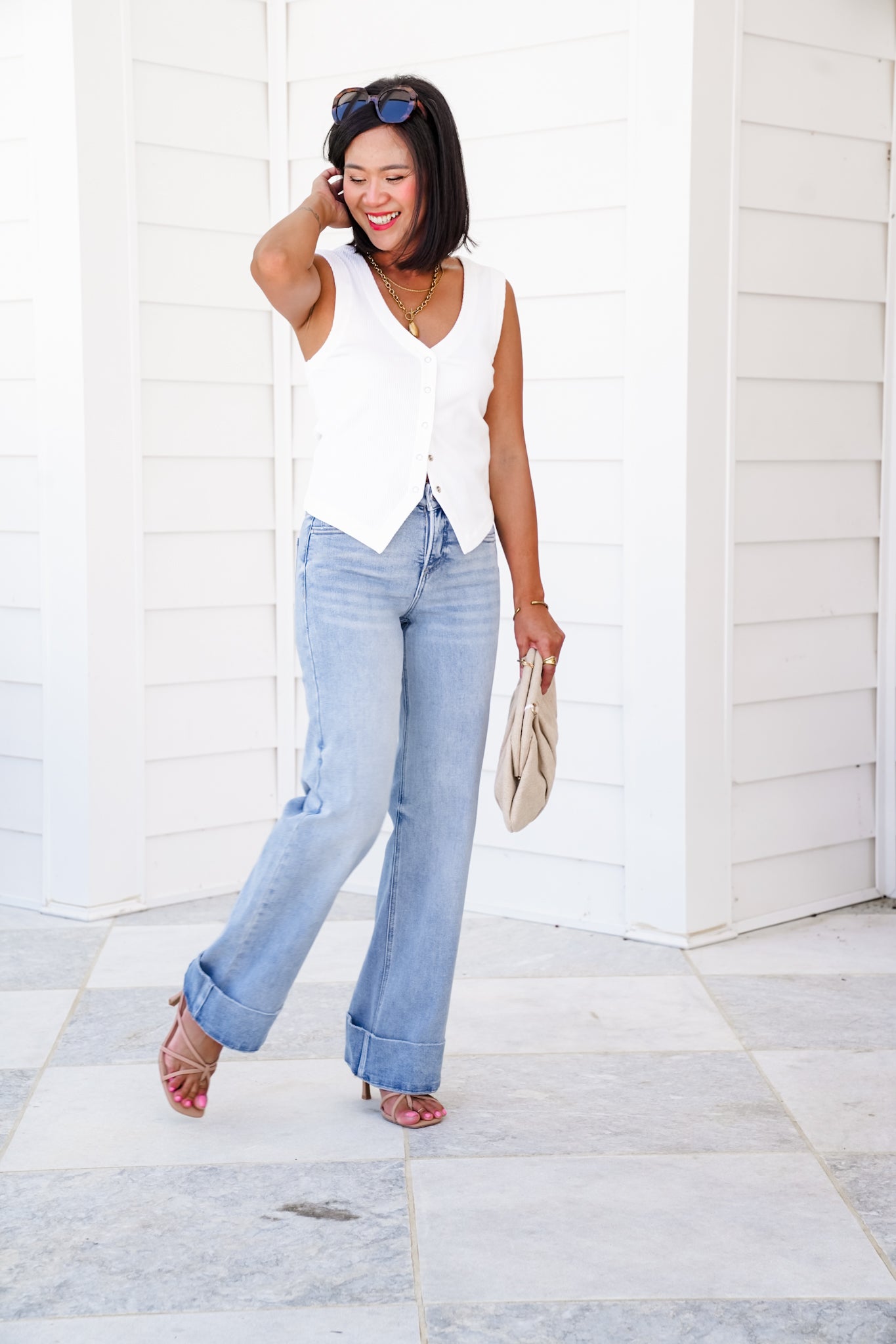 Risen High Rise Light Wash Tummy Control Cuffed Wide Leg Jeans