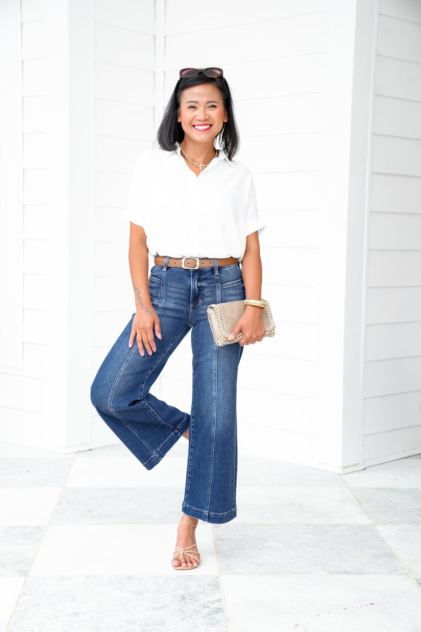Risen Mid Rise Dark Wash Cropped Wide Leg Jeans with Front Patch Pockets