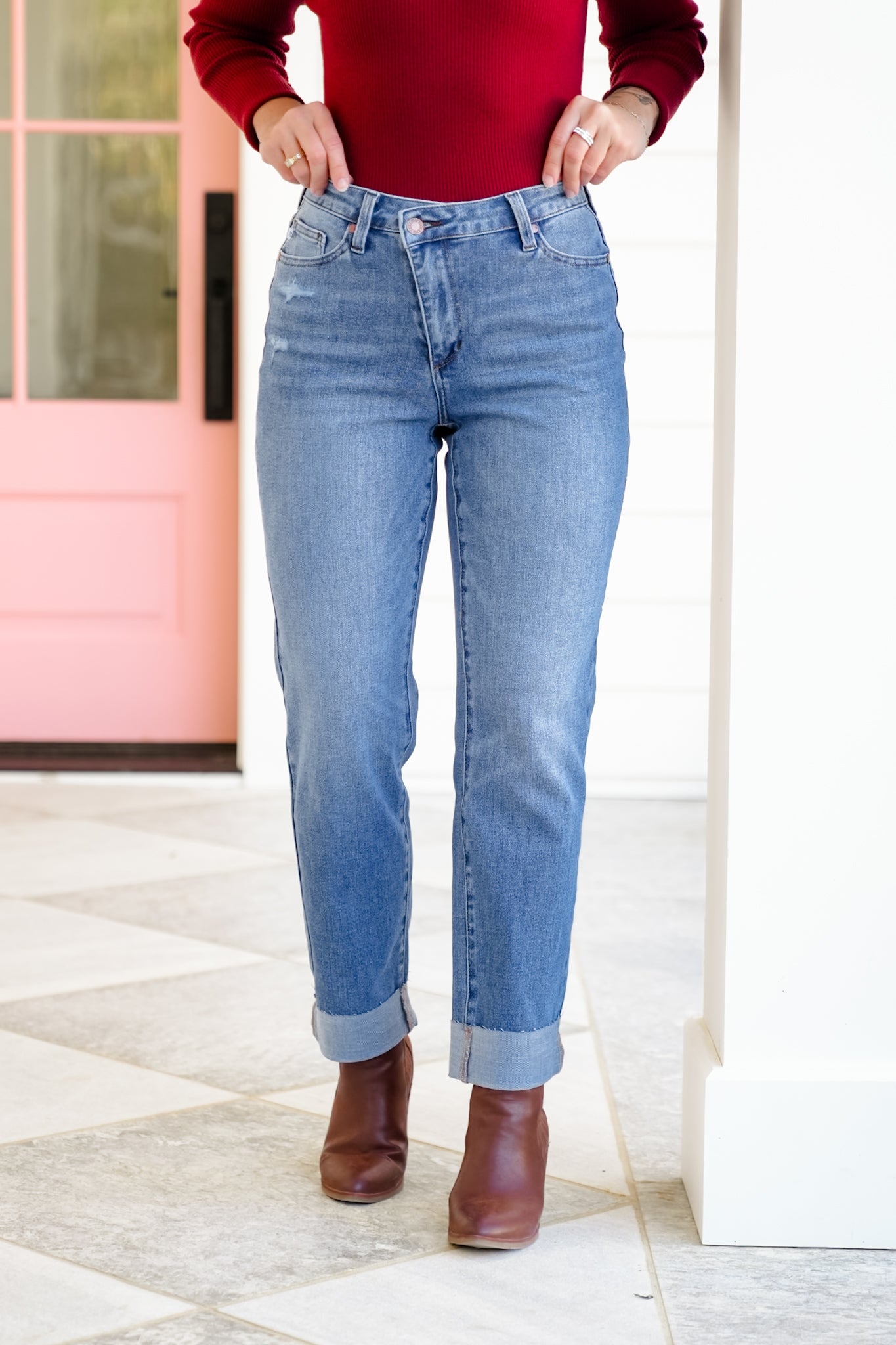 Judy Blue High Rise Medium Wash Distressed Criss-Cross Cuffed Boyfriend Jeans