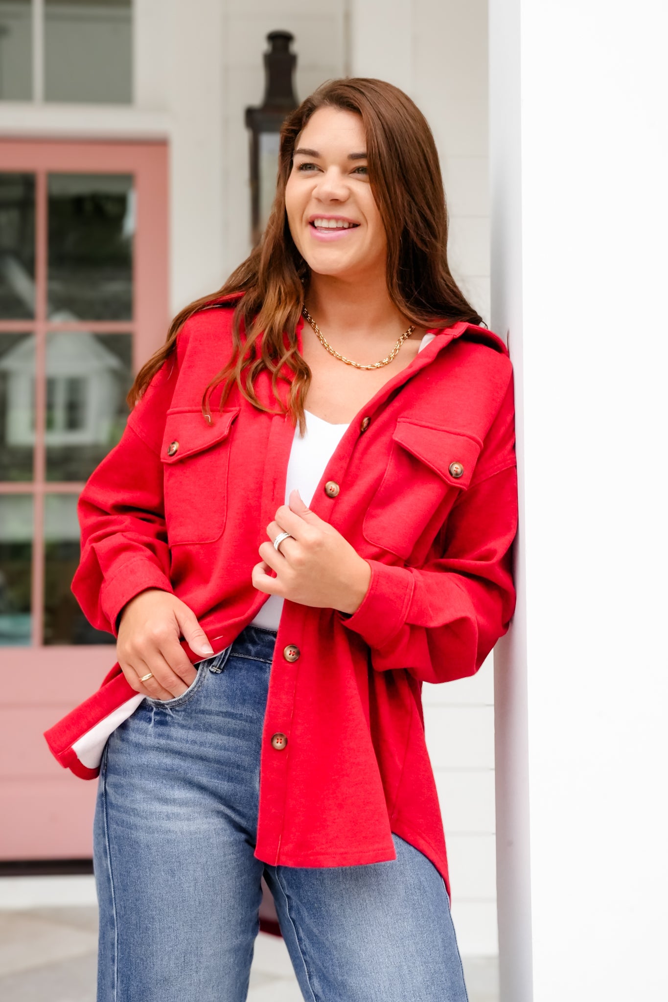 Plus/Reg Long Sleeve Button Down Knit Shacket