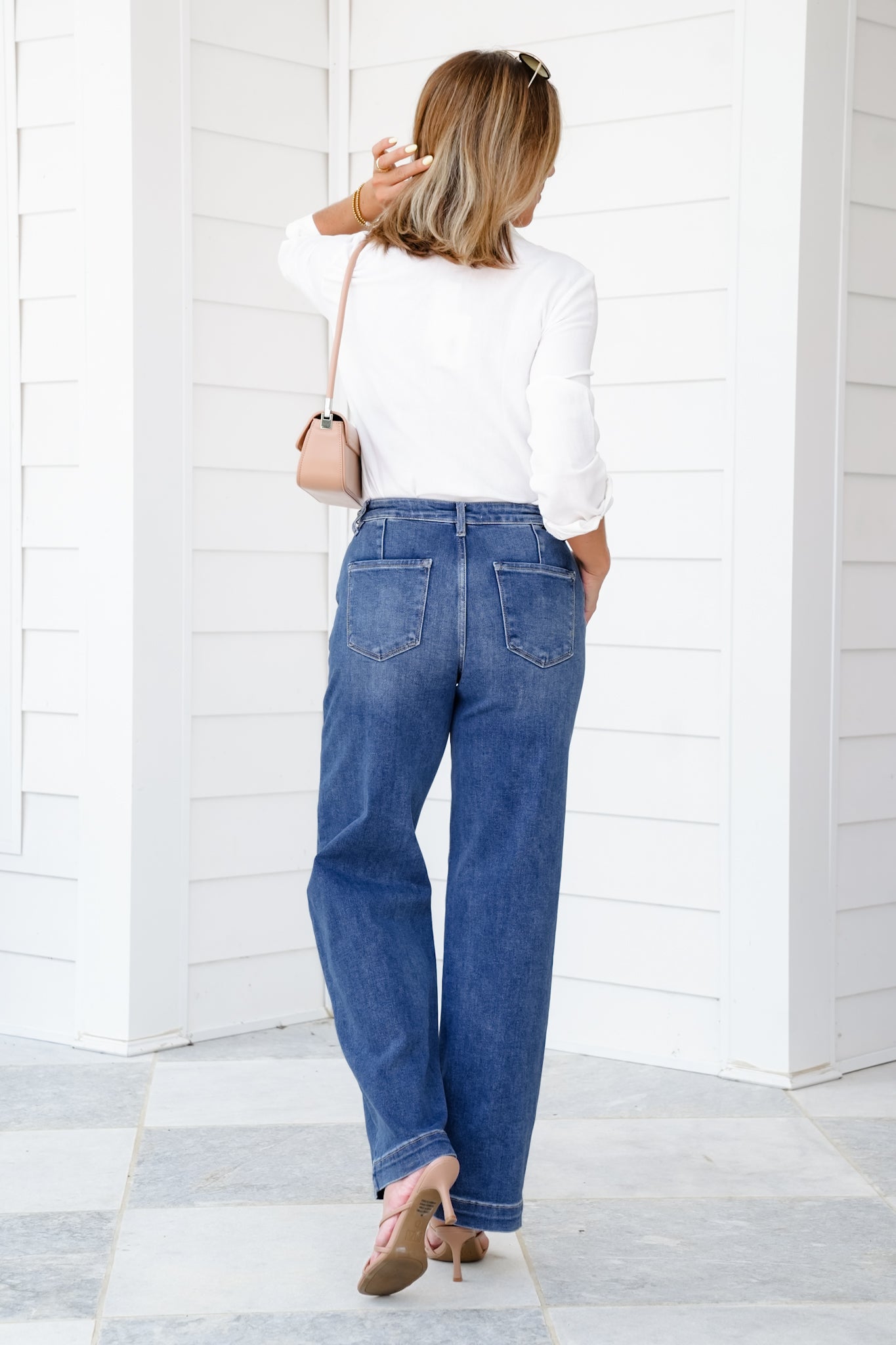 Risen High Rise Medium Wash Adjustable Waistband Wide Leg Pleated Jeans