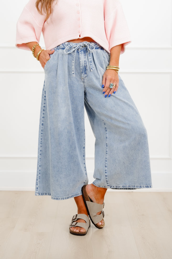 Risen High Rise Light Wash Cropped Wide Leg Tie Belted Jeans