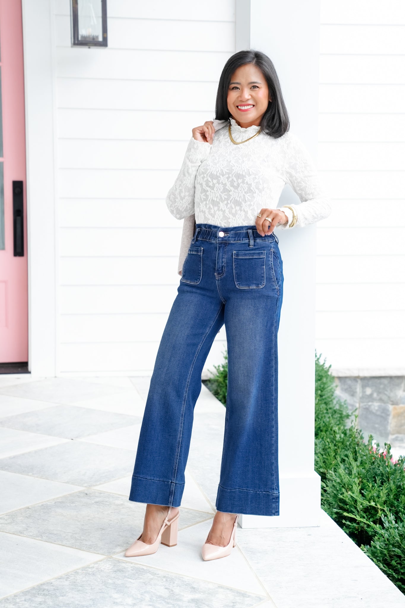 Risen High Rise Dark Wash Elastic Waistband Crop Wide Leg Jeans with Ruffle Band