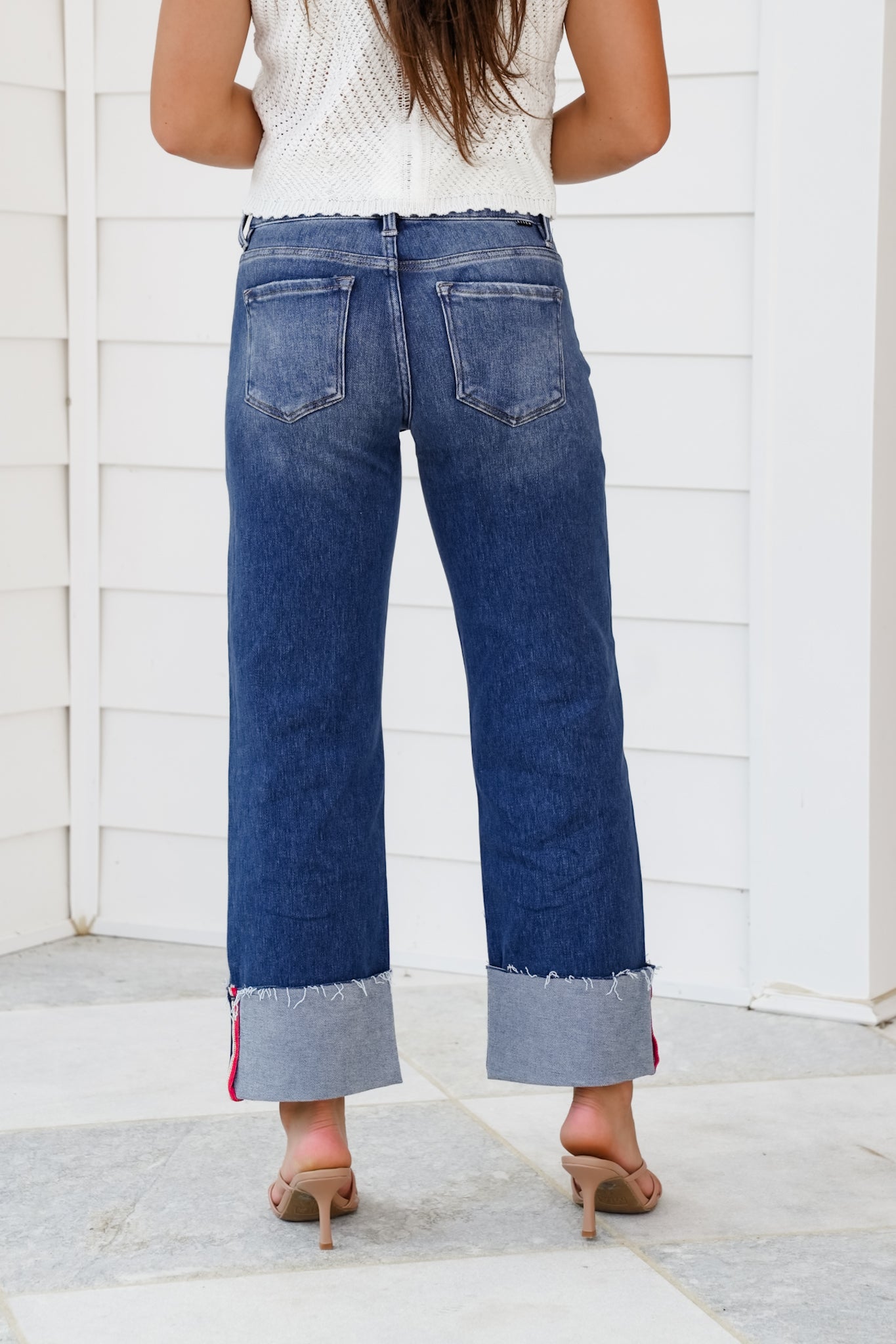 Risen Mid Rise Dark Wash Tummy Control Cropped Wide Leg Cuffed Jeans