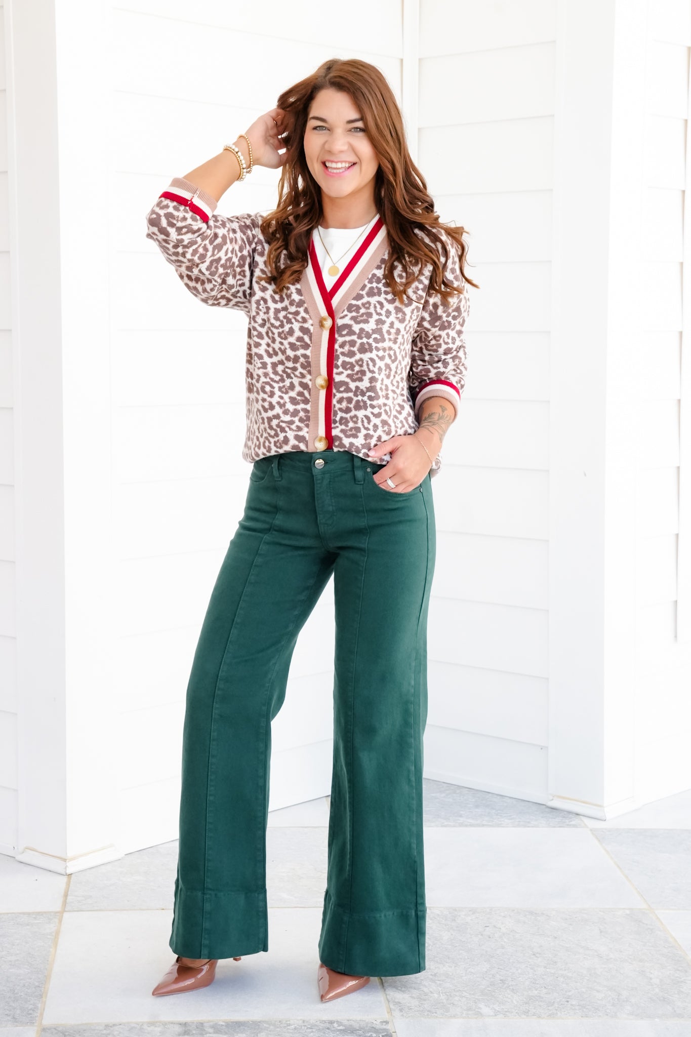 Risen Mid Rise Green Tummy Control Wide Leg Jeans with Large Wide Hem